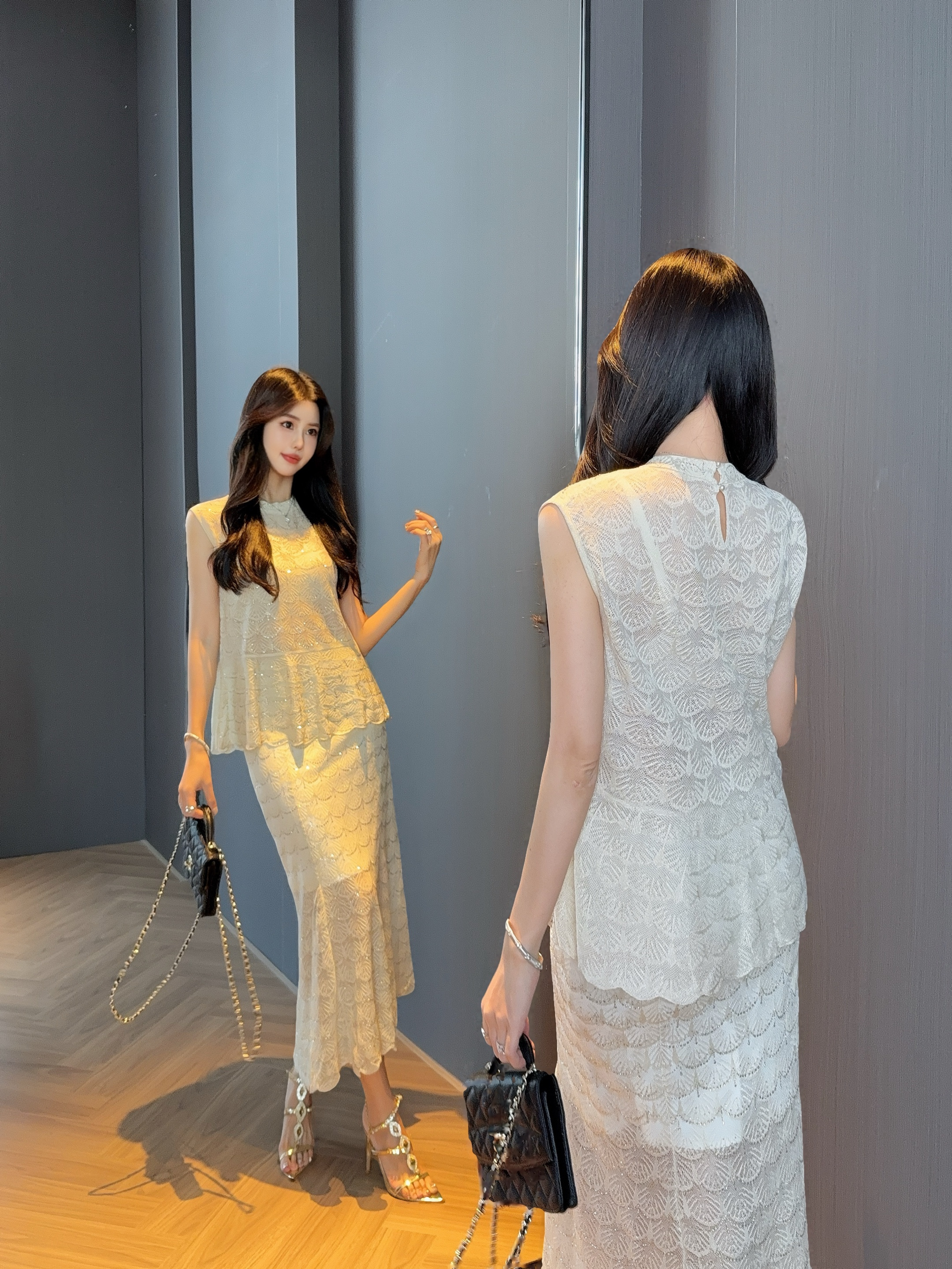 Chan 26ss rhinestone knitwear skirt set