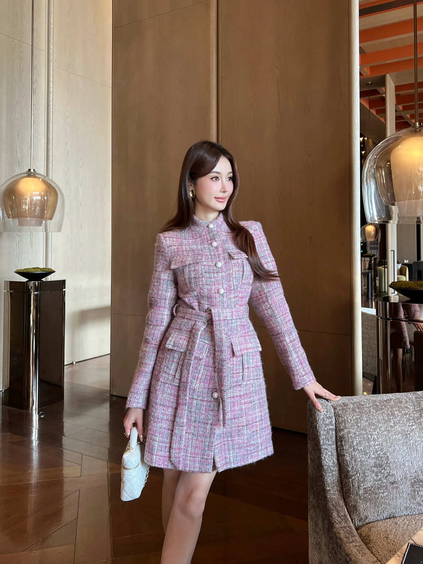 Chan 26ss check tweed coat dress