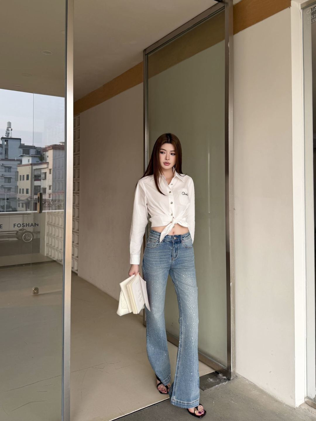 Chan 26ss rhinestone flared jeans