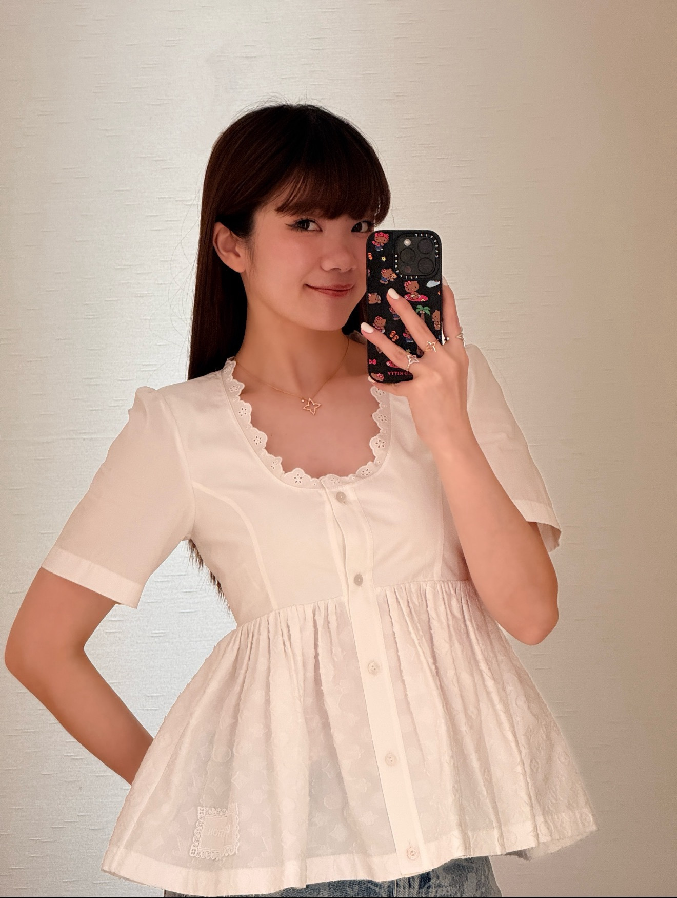 Loui 26ss lace trim puff-sleeve blouse