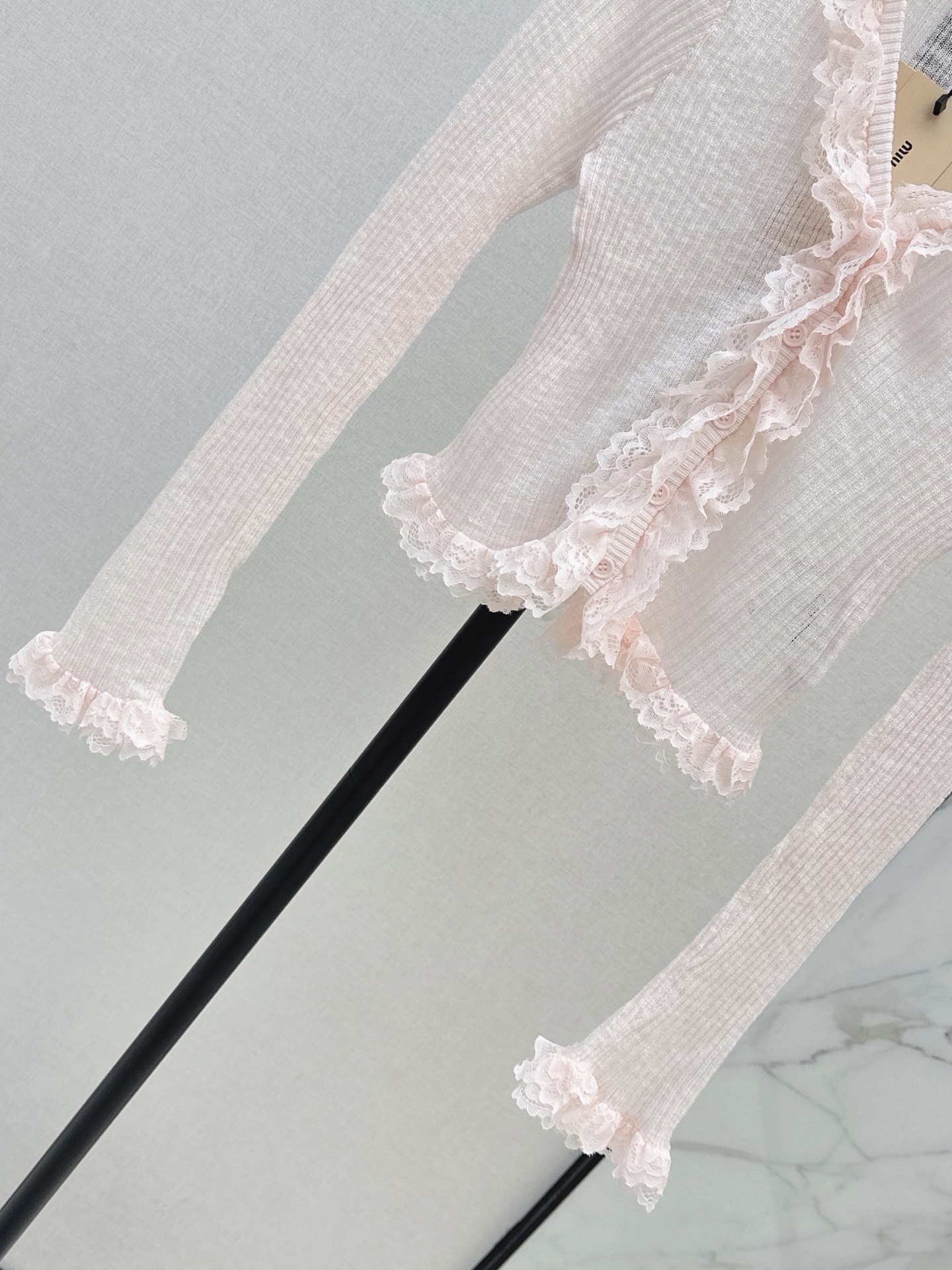 Miu 26ss lace trim knit cardigan
