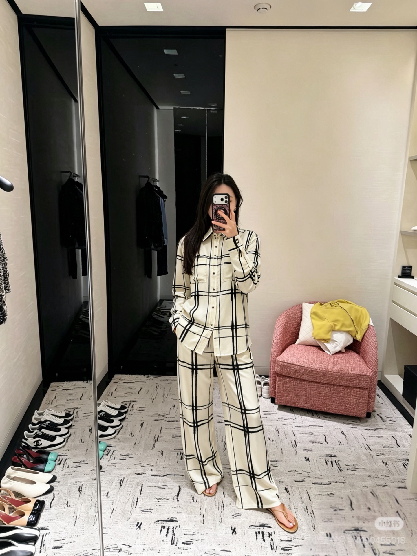 Chan 26ss check print silk pants