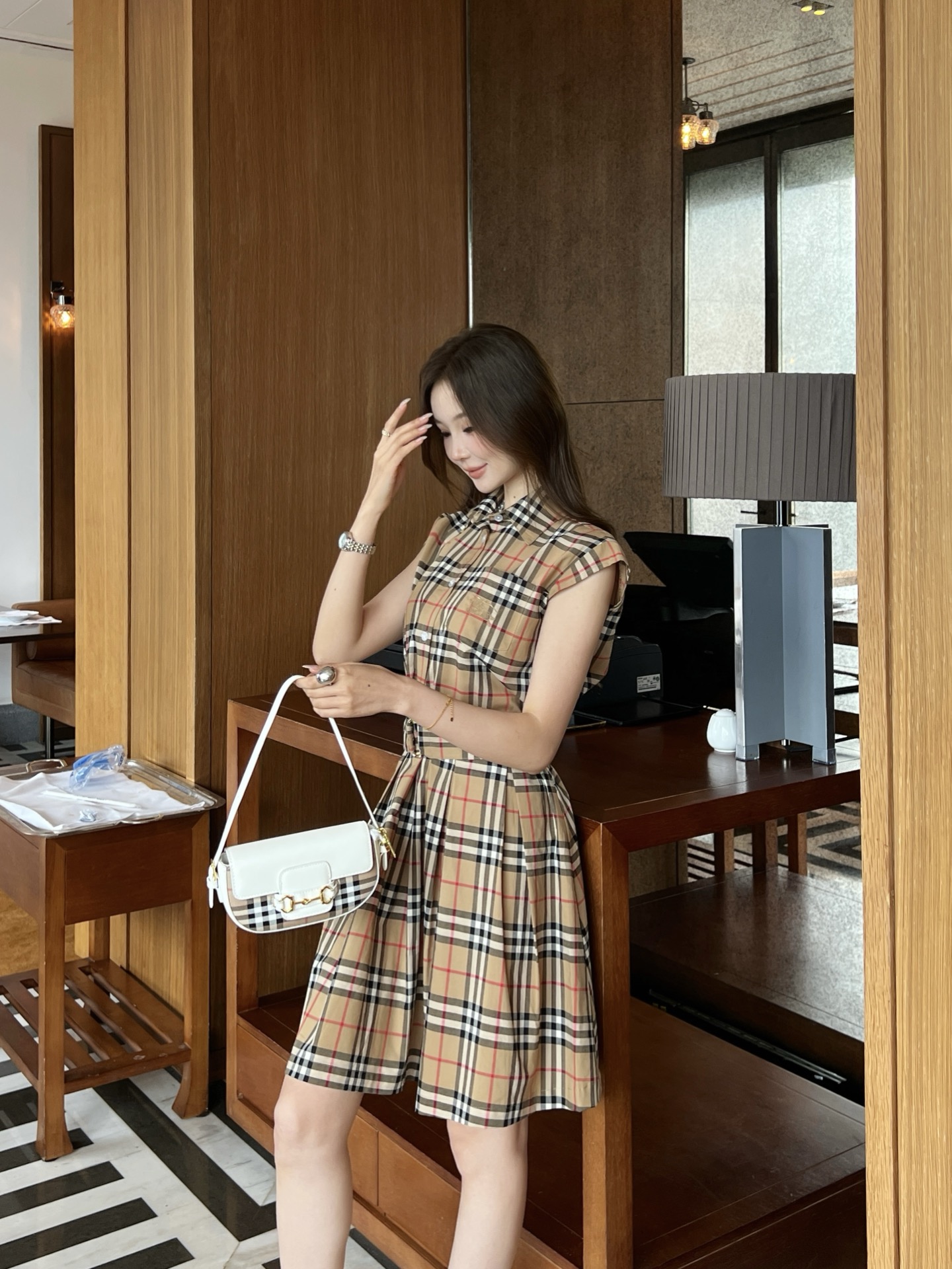 Bur 26ss check belted dress