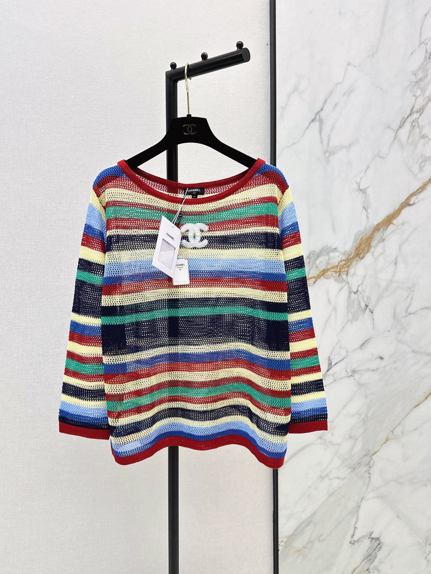 Chan 26ss stripe hollow knitwear