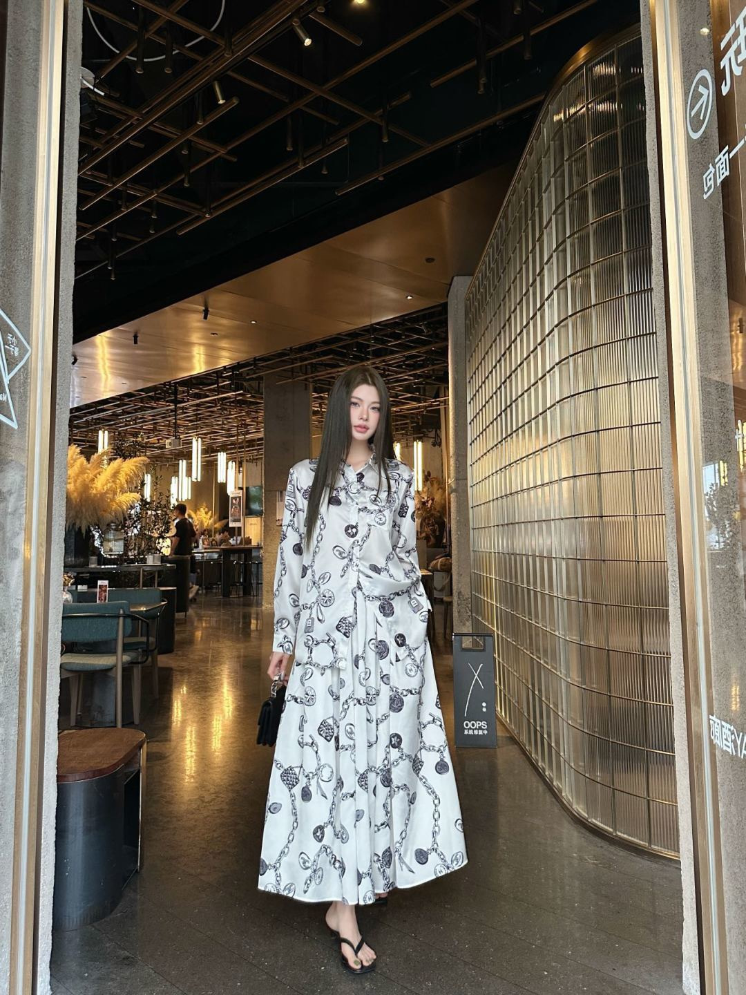 Chan 26ss print shirt pleated skirt set