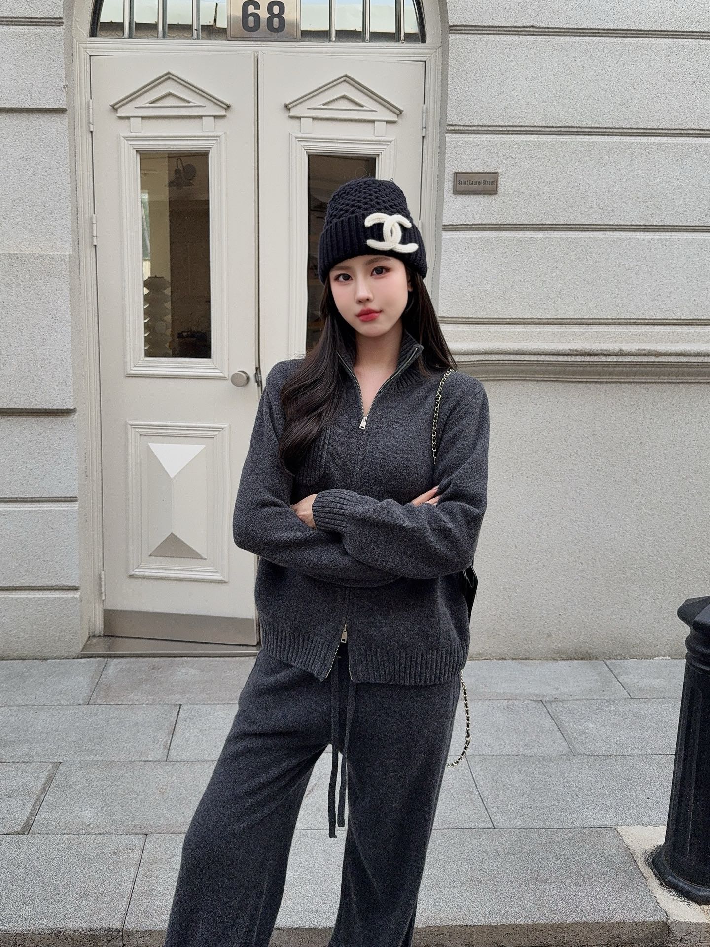 Brun 25fw zipper sweater+straight pant outfit sets