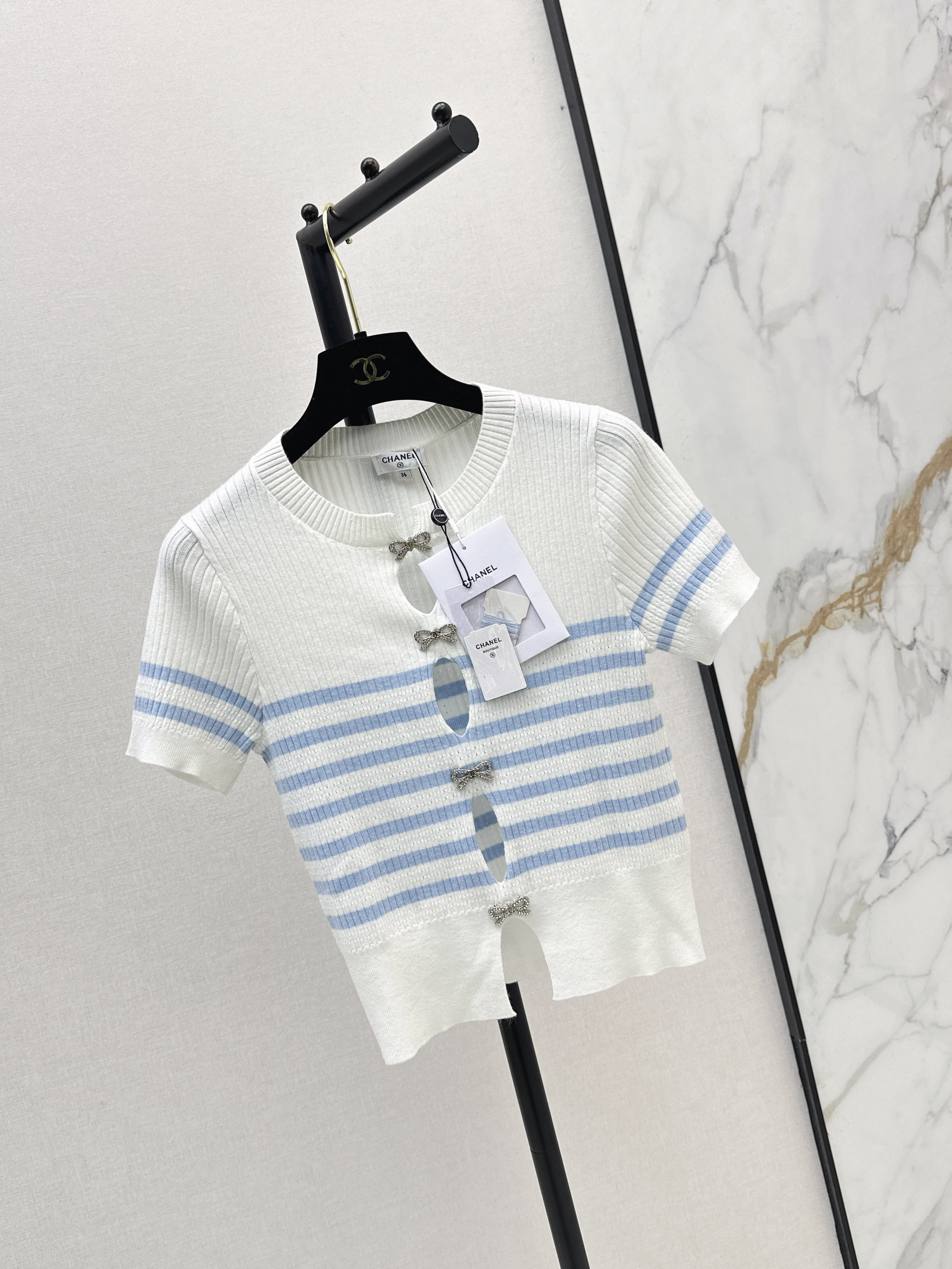 Chan 26SS White and Blue Striped Knit Top
