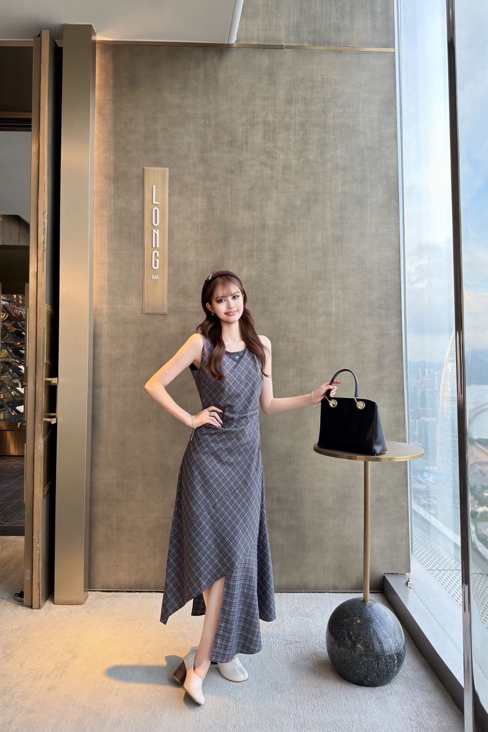 Pra 26ss check asymmetrical dress