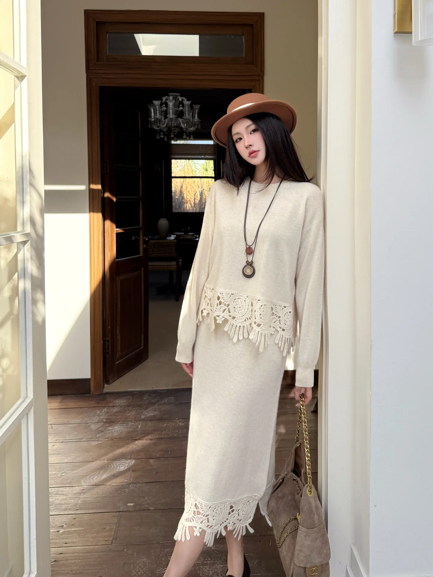 Miu 25fw knit bow sweater+pants outfit sets