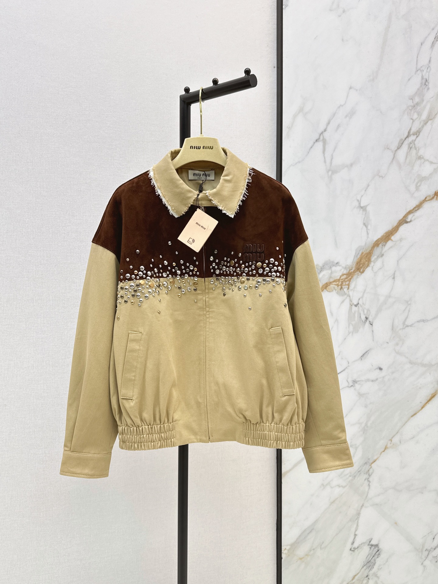 Miu 26ss rhinestone contract suede jacket