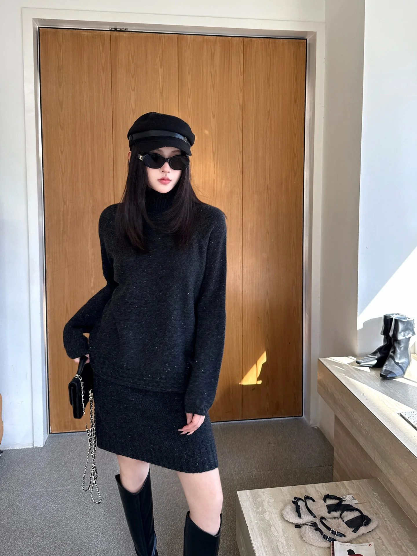 Brun 26ss knit high neck sweater+skirt outfit set
