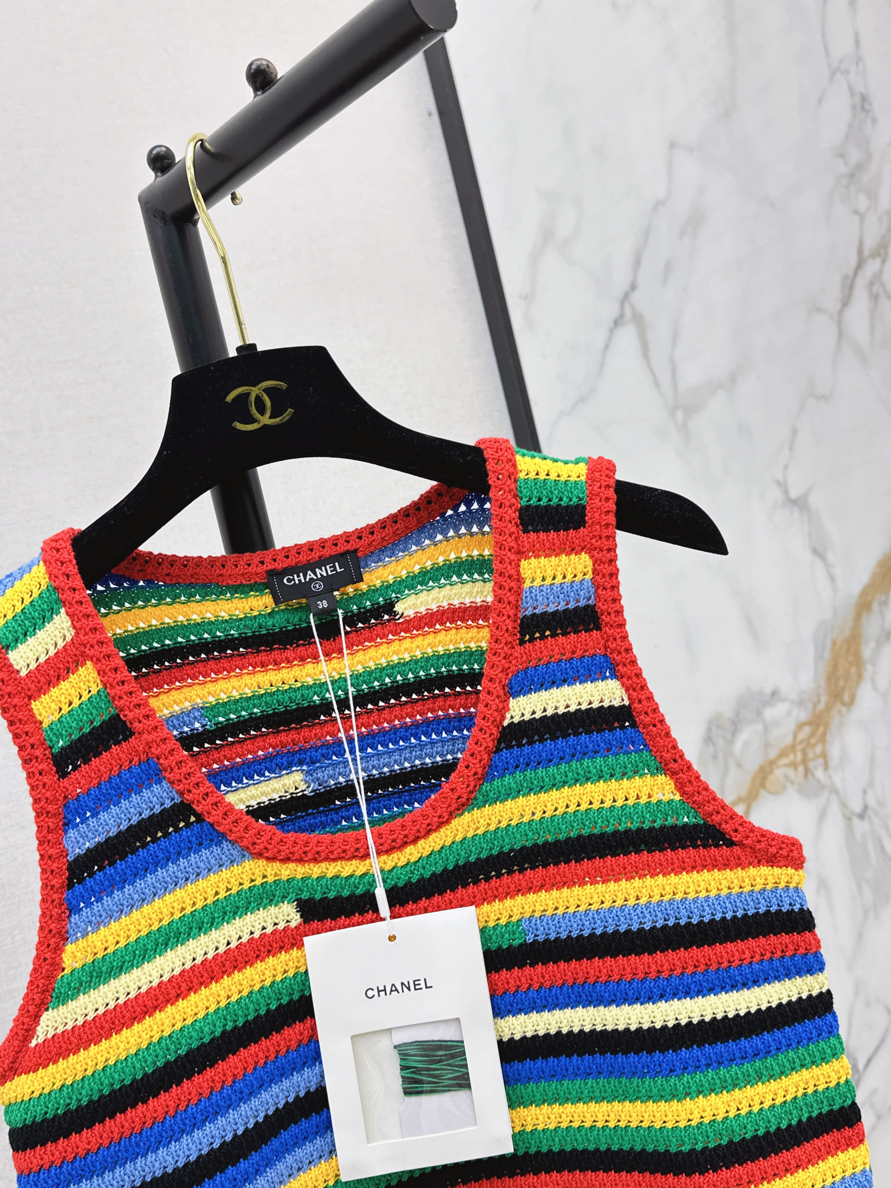 Chan 26SS Striped Crochet Knit Tank Top
