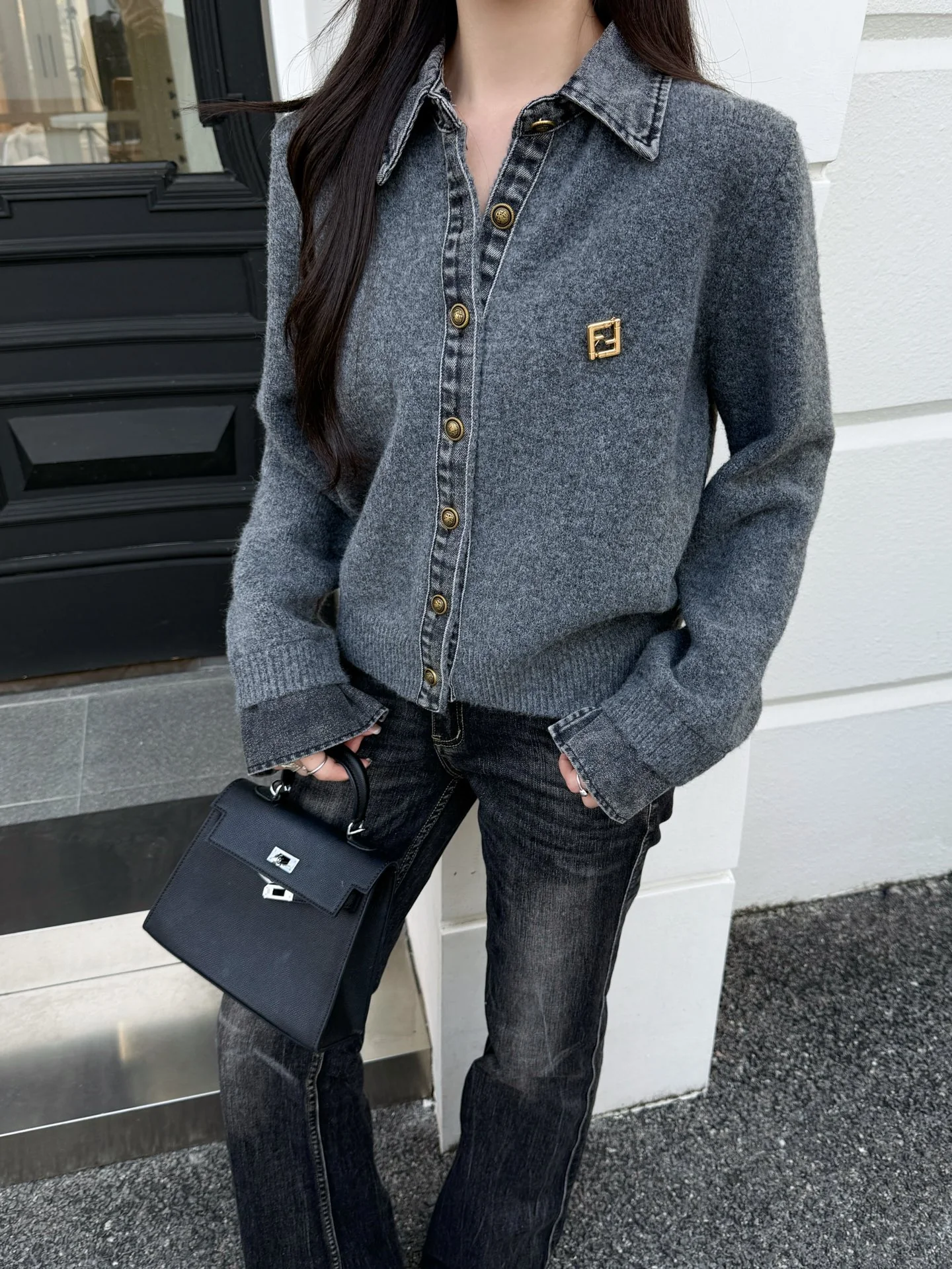 Fend 25fw contrast denim polo sweater