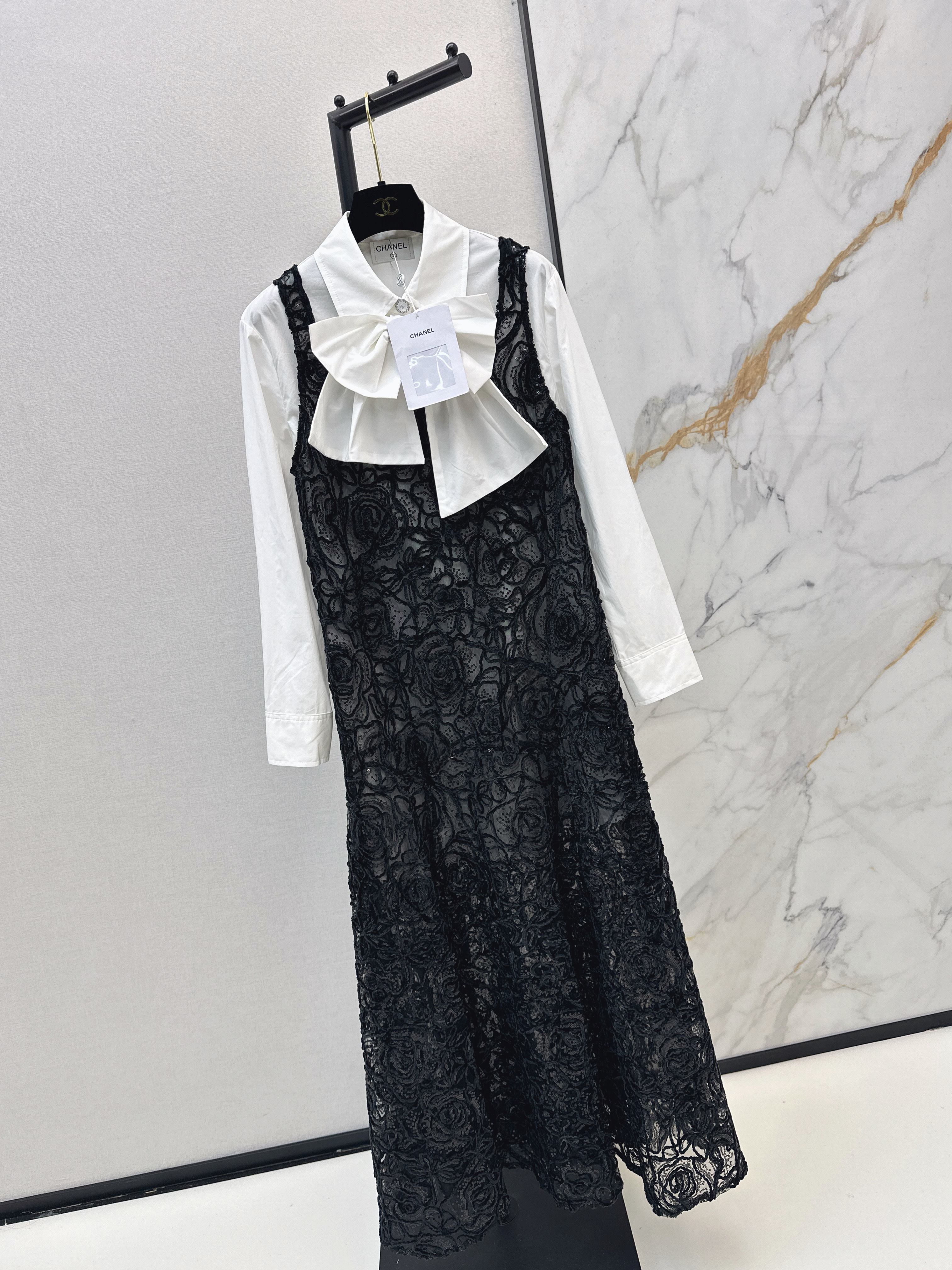 Chan 26ss ribbon shirts mesh dress set