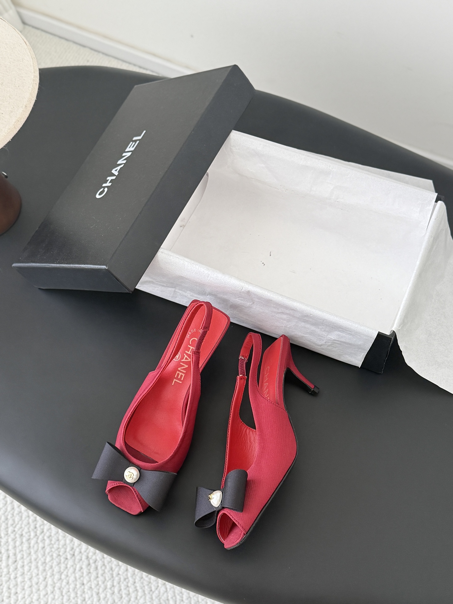 Chan 26K peep toe slingback heels