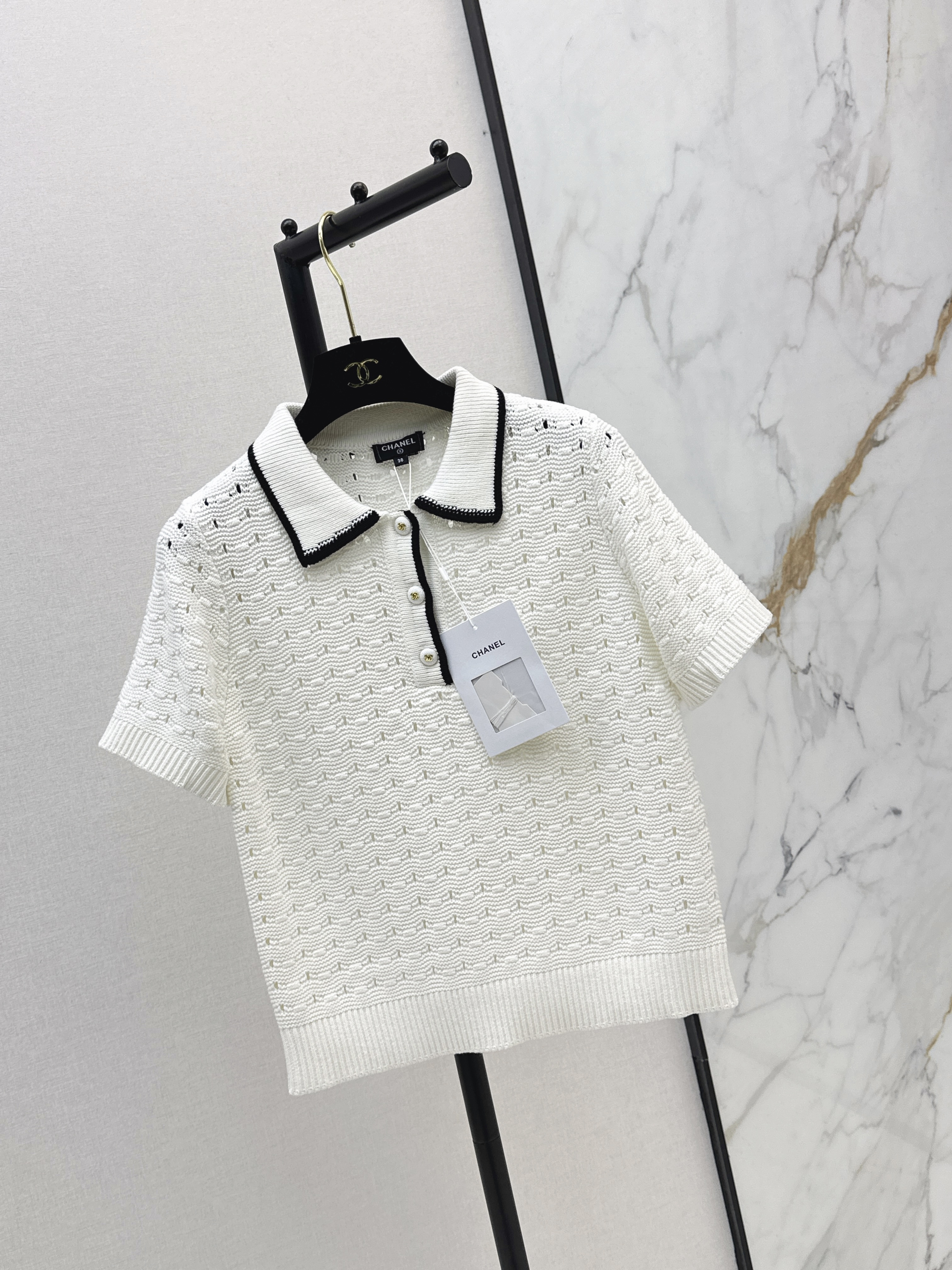 Chan 26ss White Contrast-Collar Knit Polo Top