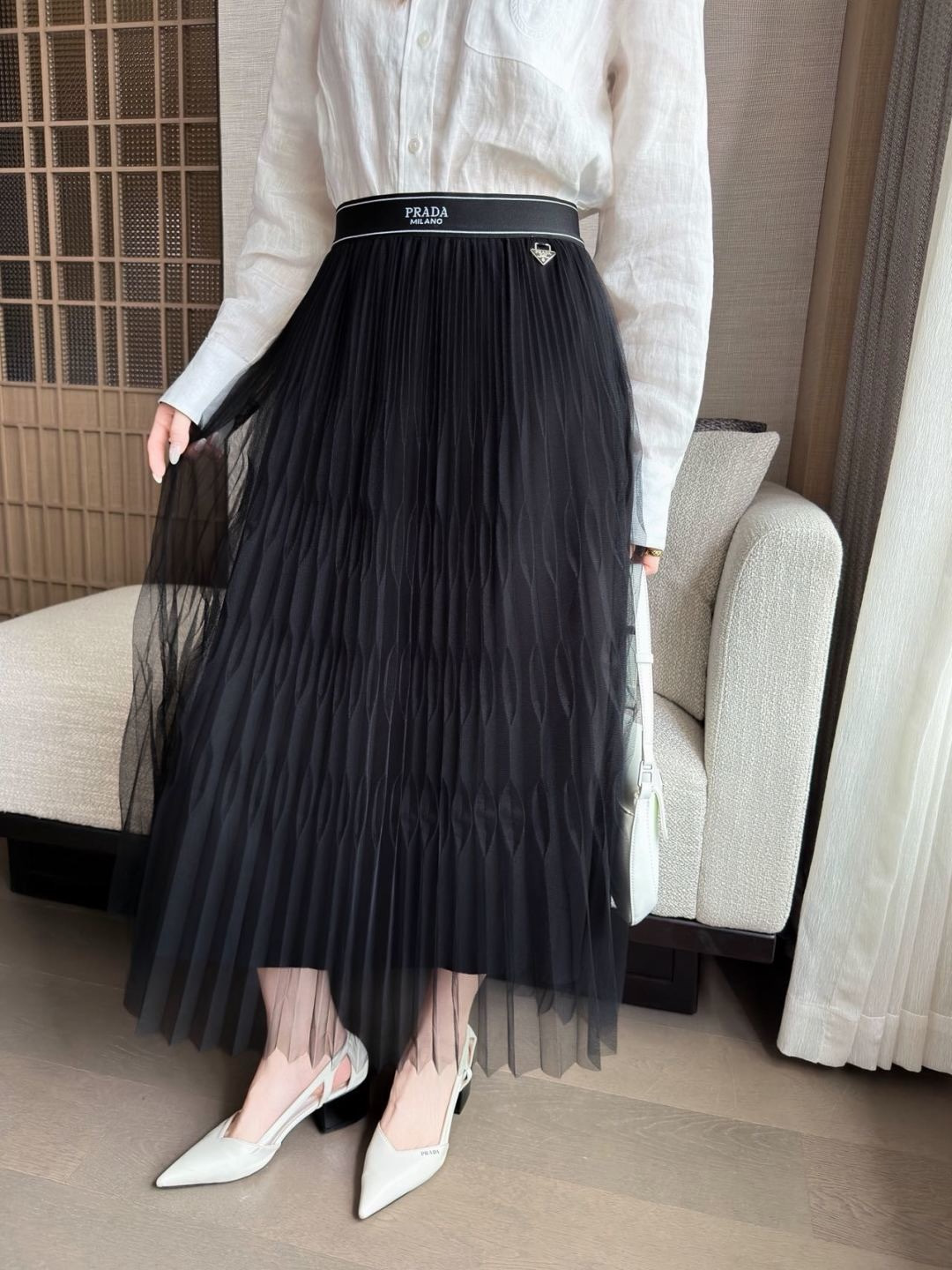 Pra 26SS Pleated Tulle Midi Skirt