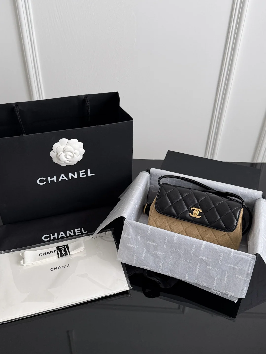 Chan 25A suede flap bag