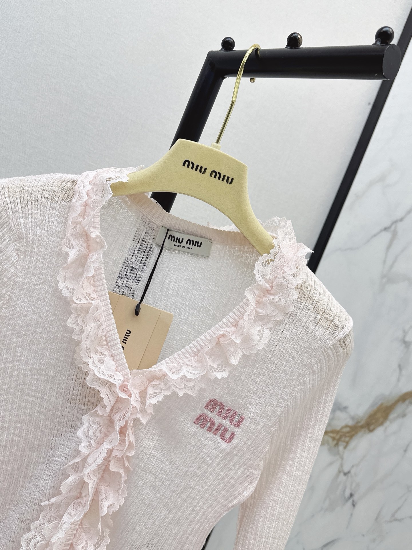 Miu 26ss lace trim knit cardigan