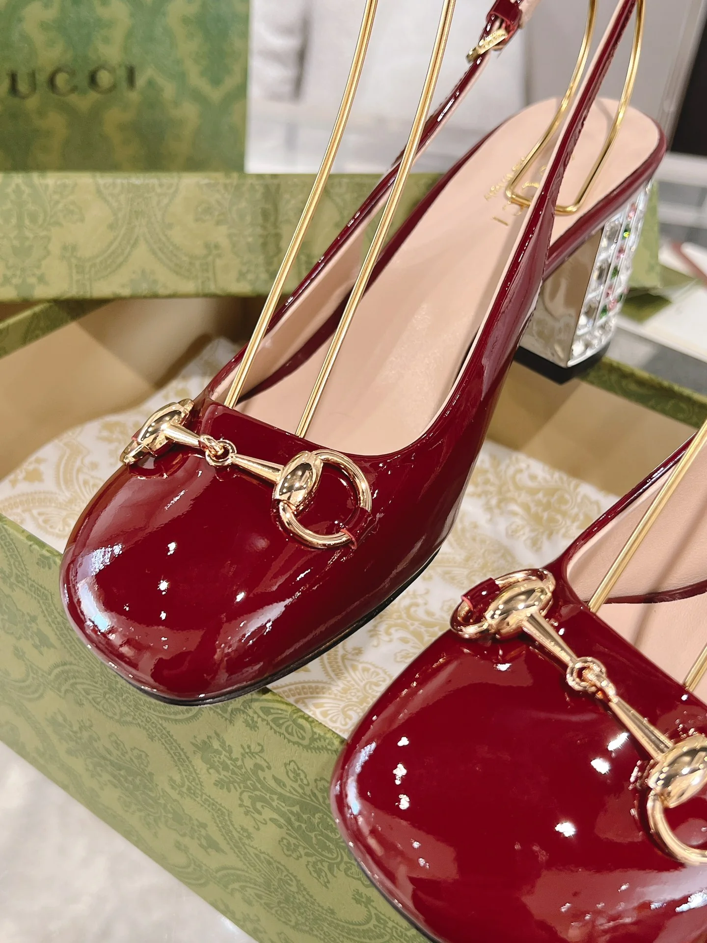 Gucc 26ss rhinestone slingback chunky heel