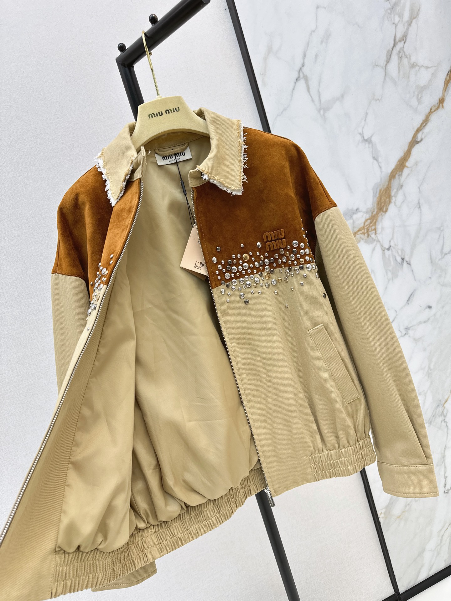 Miu 26ss rhinestone contract suede jacket