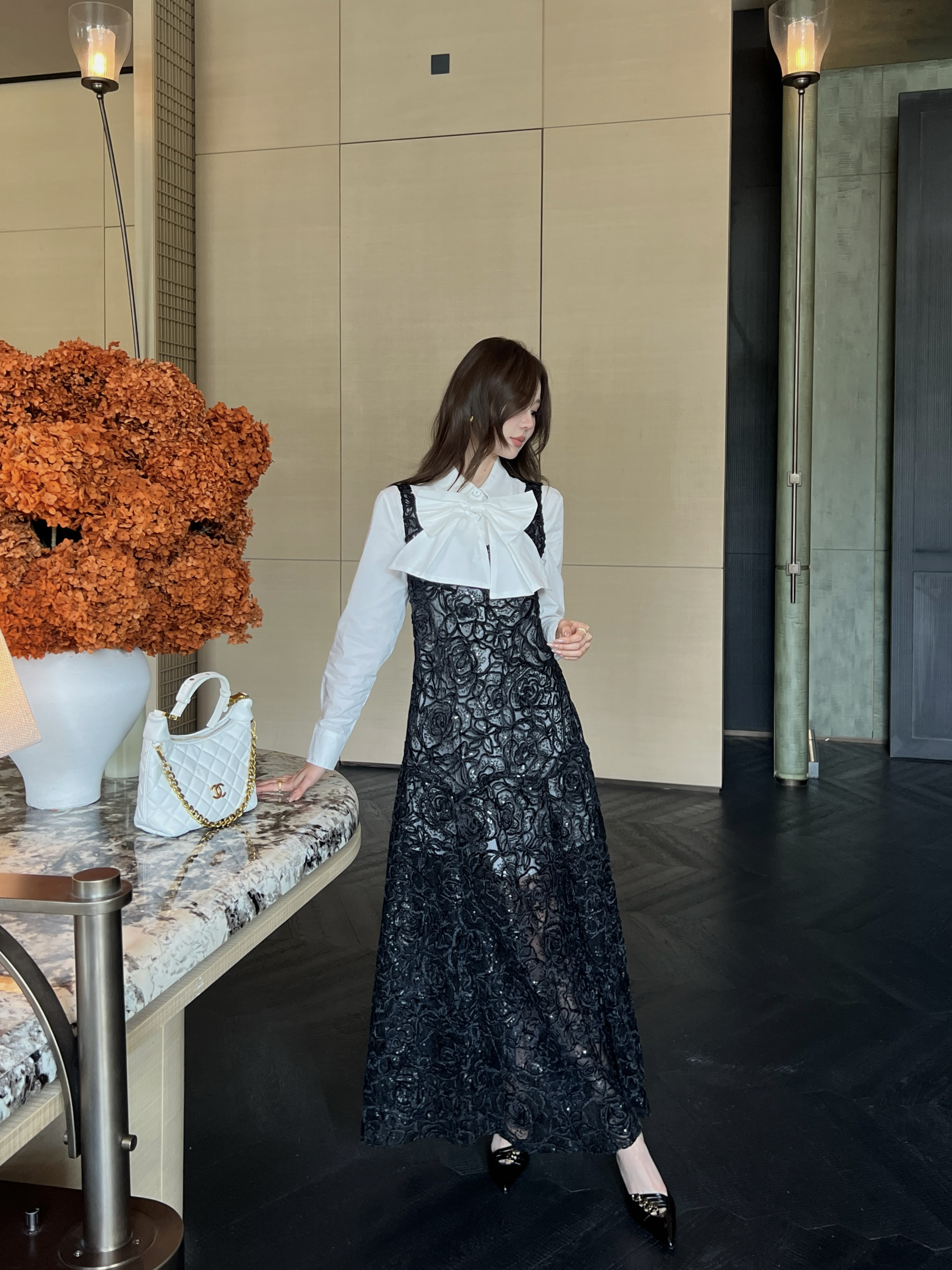 Chan 26ss ribbon shirts mesh dress set