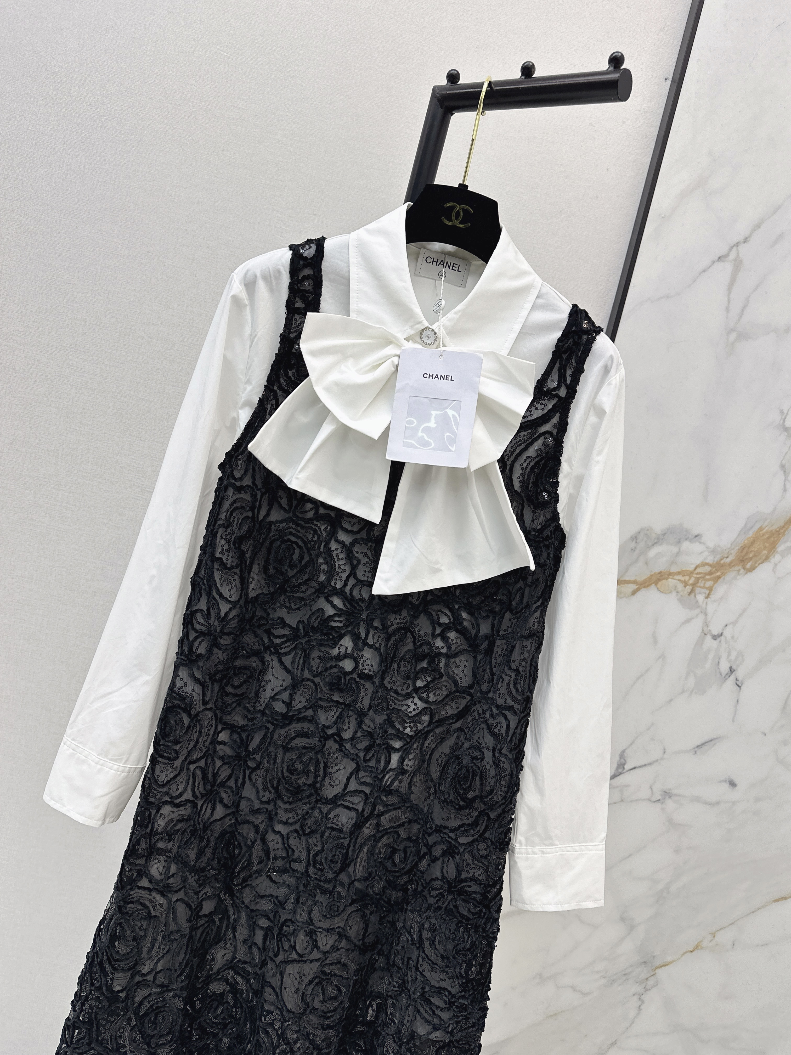 Chan 26ss ribbon shirts mesh dress set