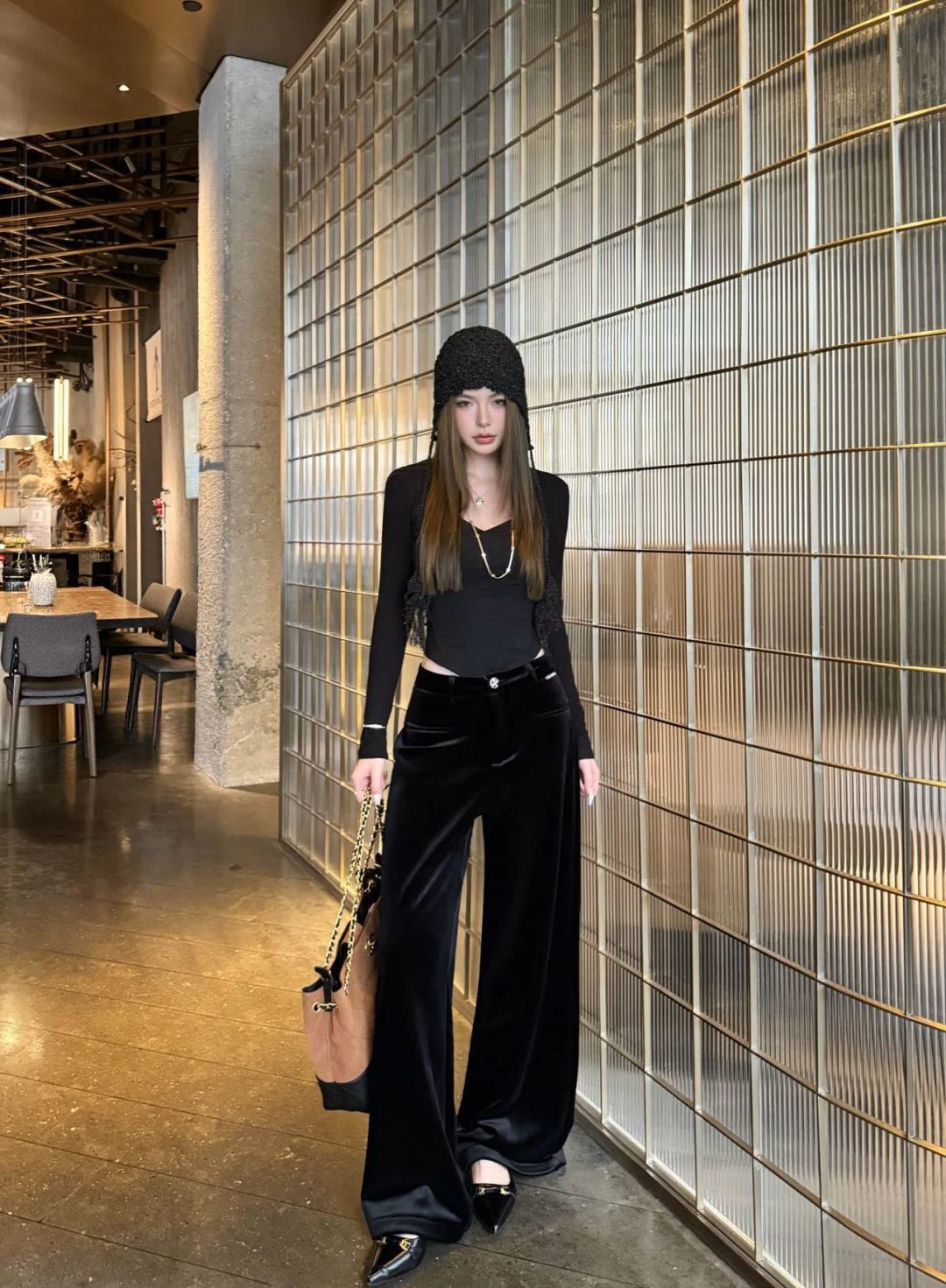 Chan 26ss velvet wide-leg pants