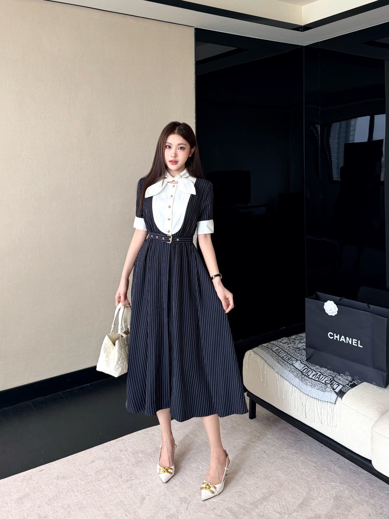 CD 26ss striped contract belted dress