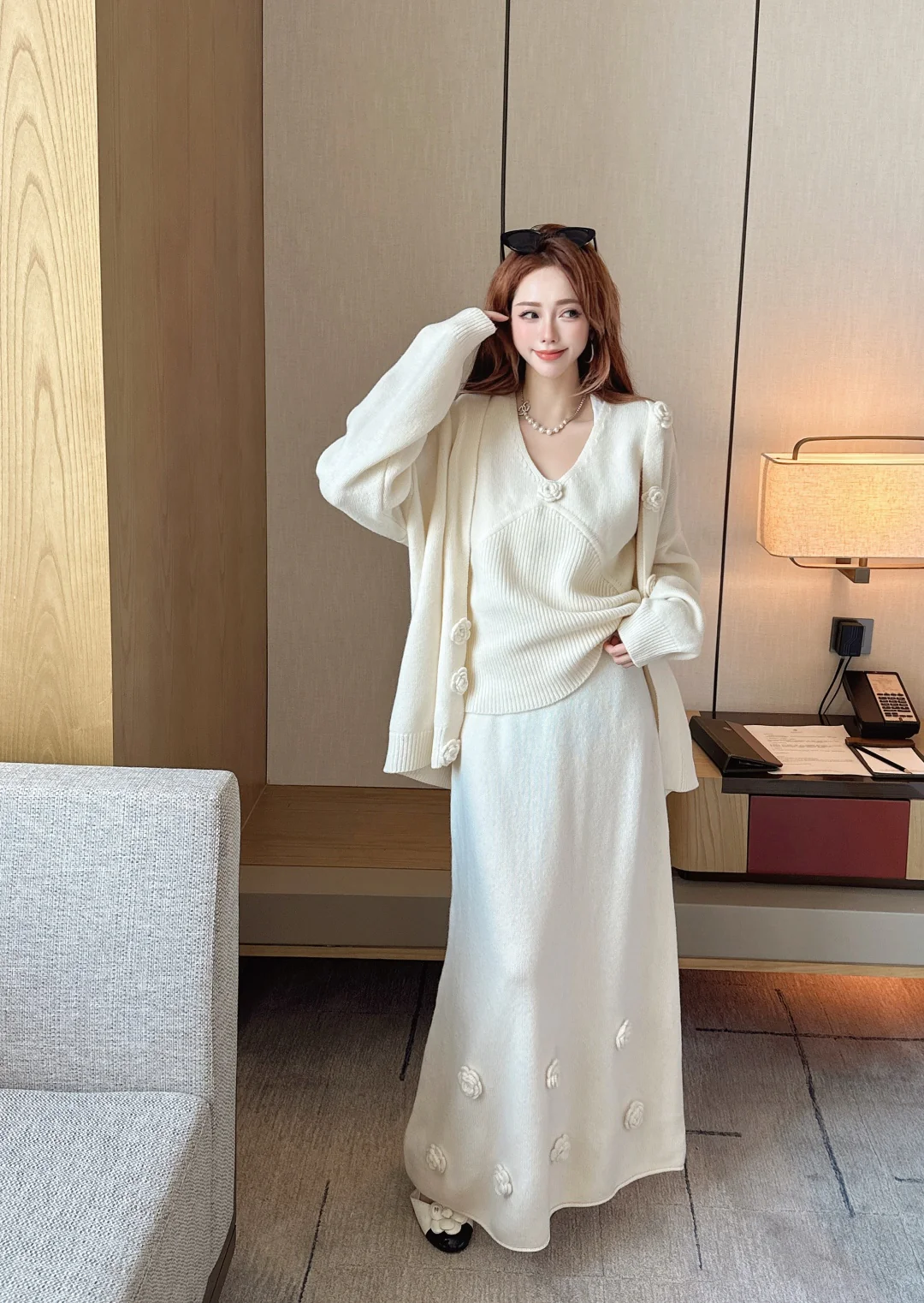 Chan 25fw vest cardigan skirt set