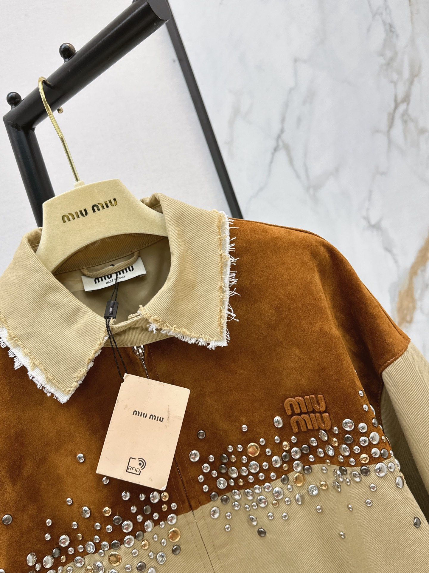 Miu 26ss rhinestone contract suede jacket