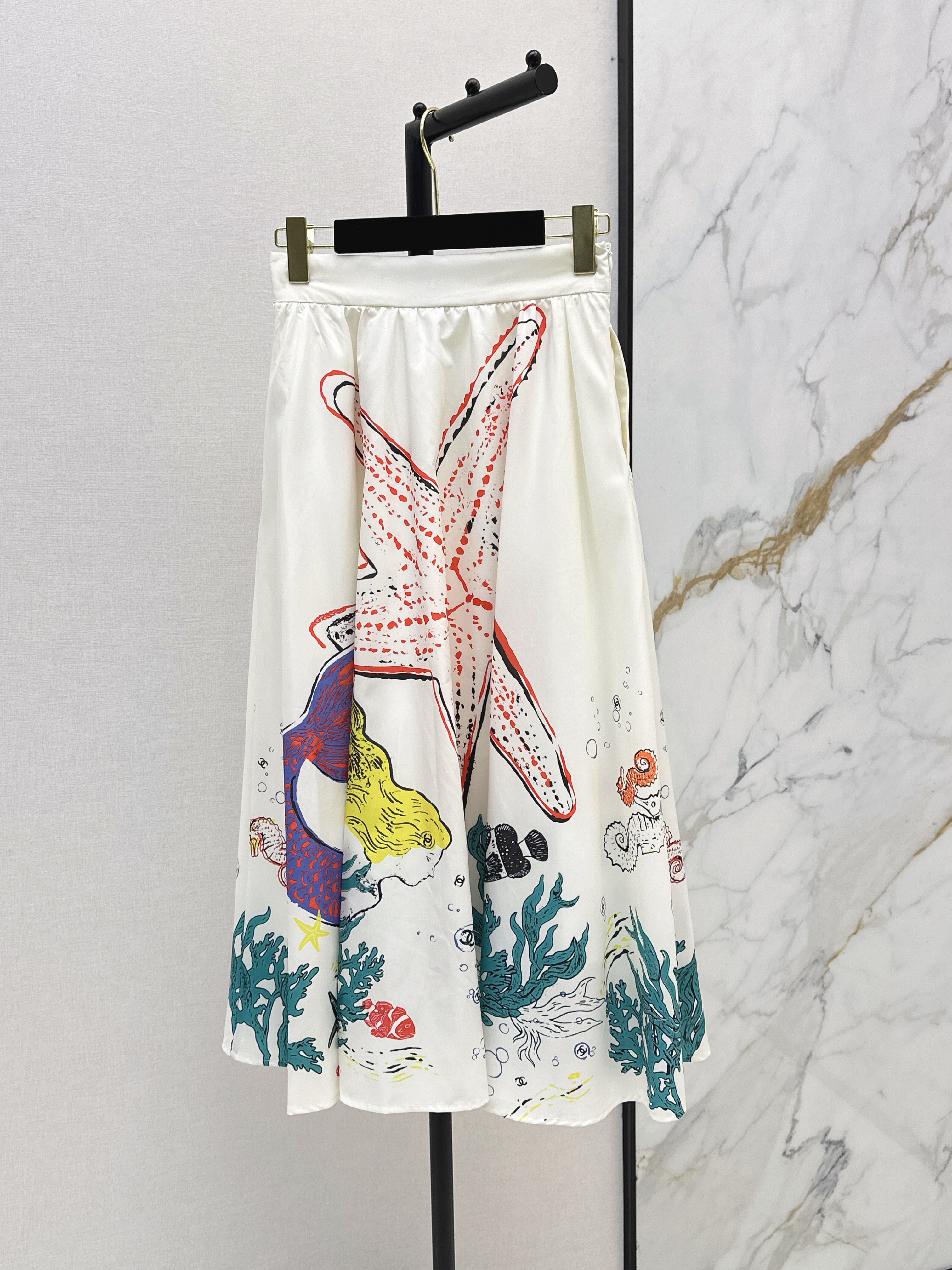 Chan 26ss Ocean Print A-Line Midi Skirt