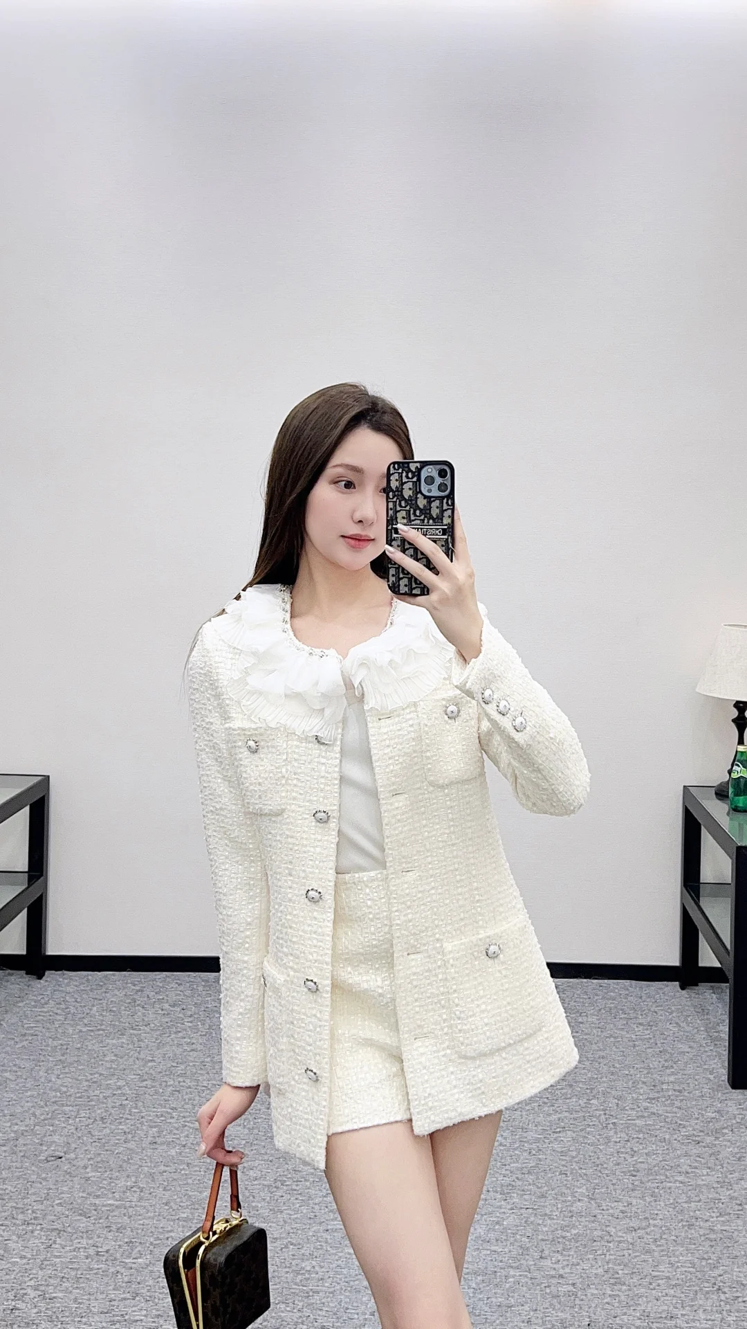 Chan 26ss ruffled lace woven jacket short set