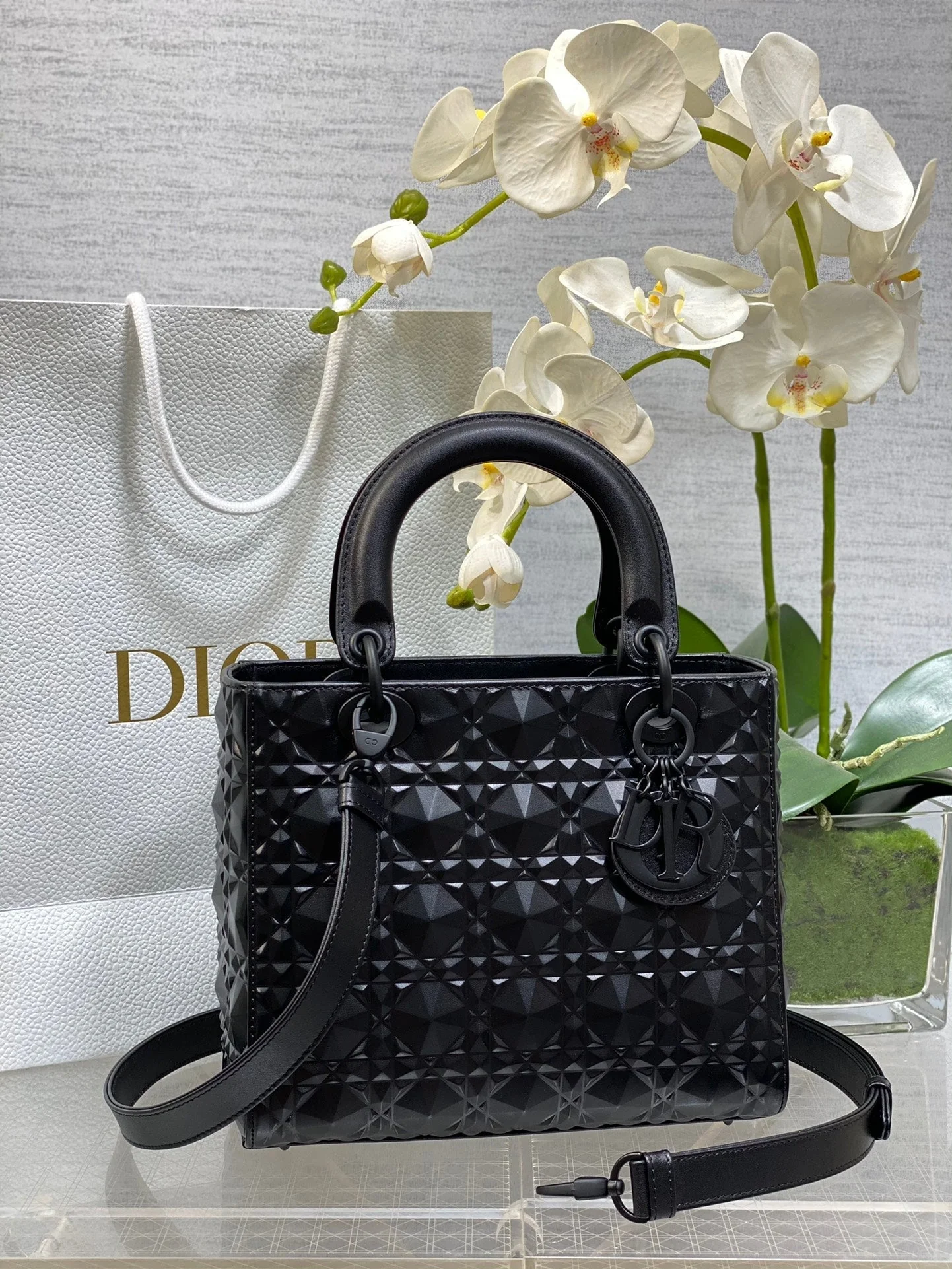 DO  Mini Lady Bag  Matte Black Diamond Pattern Calfskin