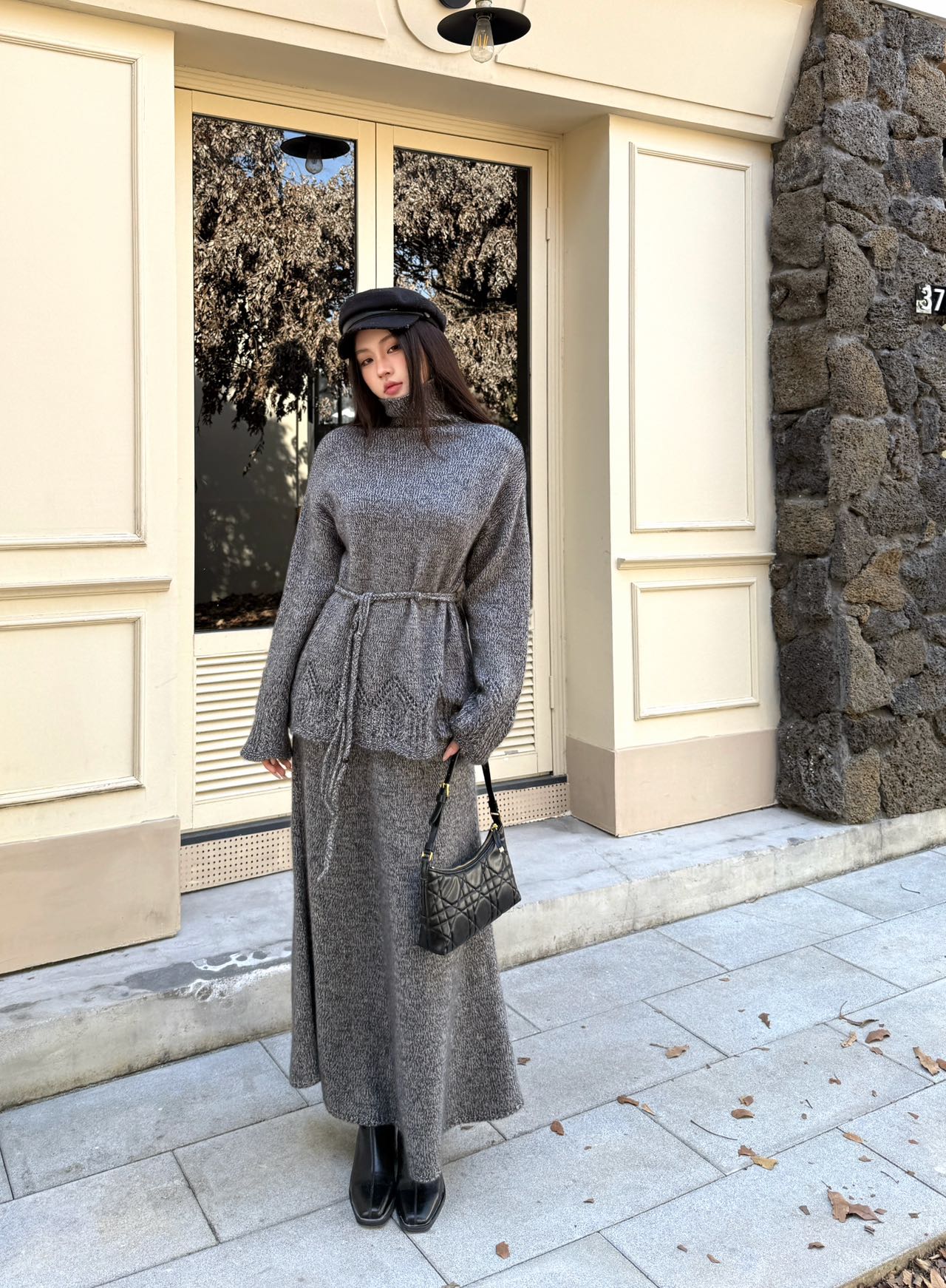 Brun 25fw knit high neck sweater+skirts outfit set