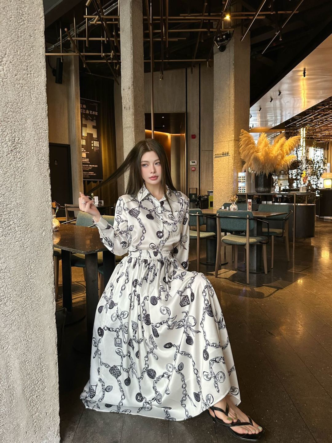 Chan 26ss print shirt pleated skirt set