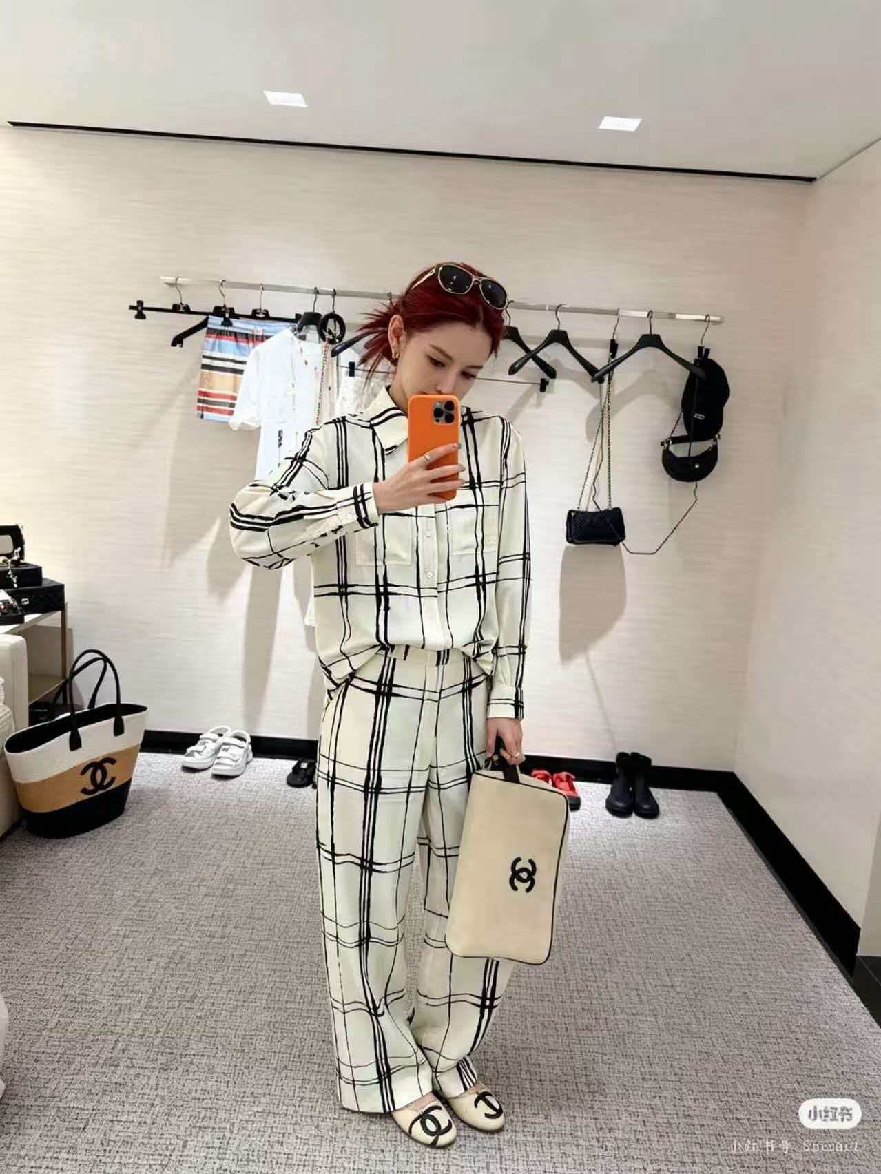 Chan 26ss check print silk pants