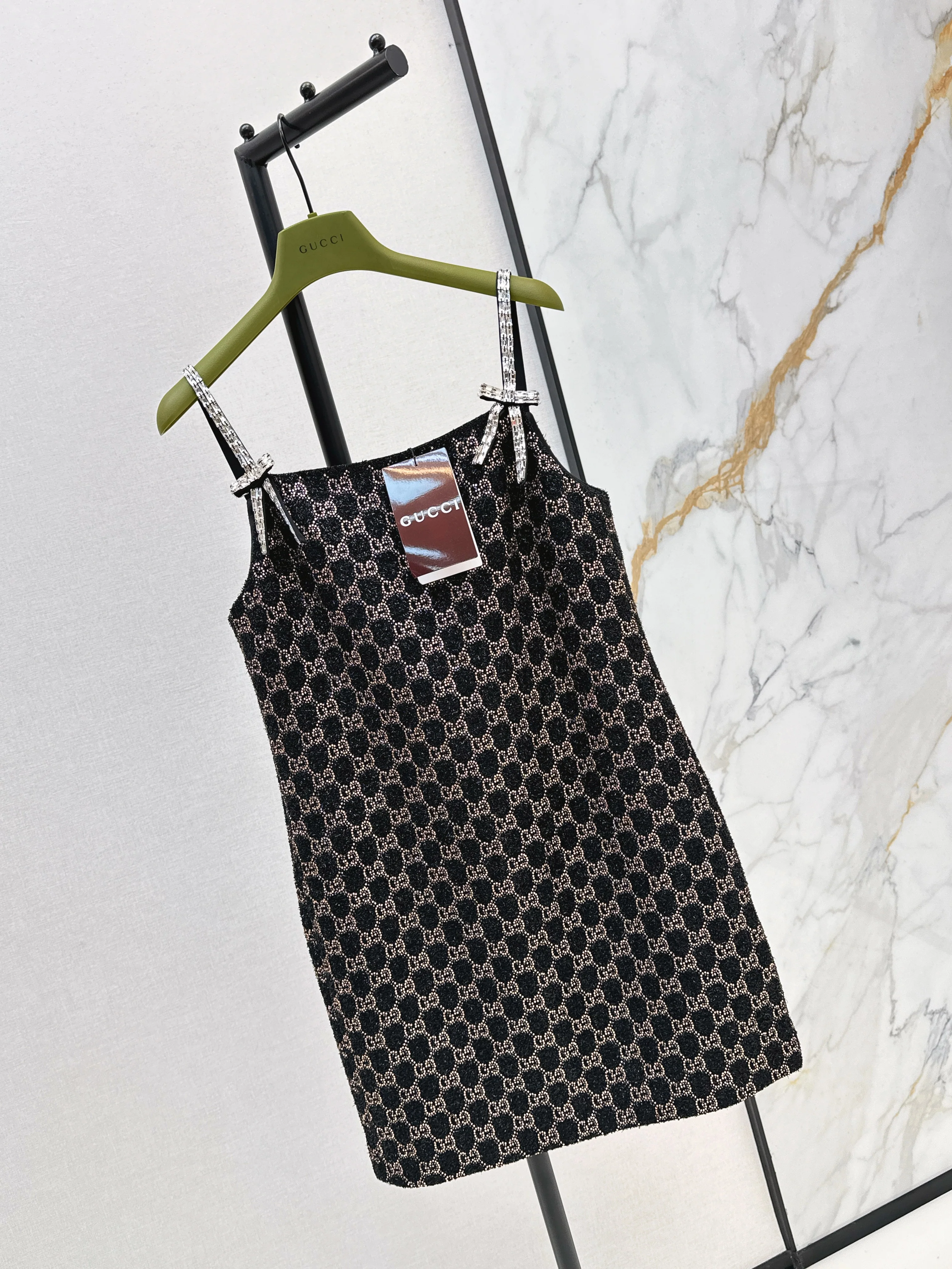 Gucc 26ss dimon crystal diamond woven slip dress