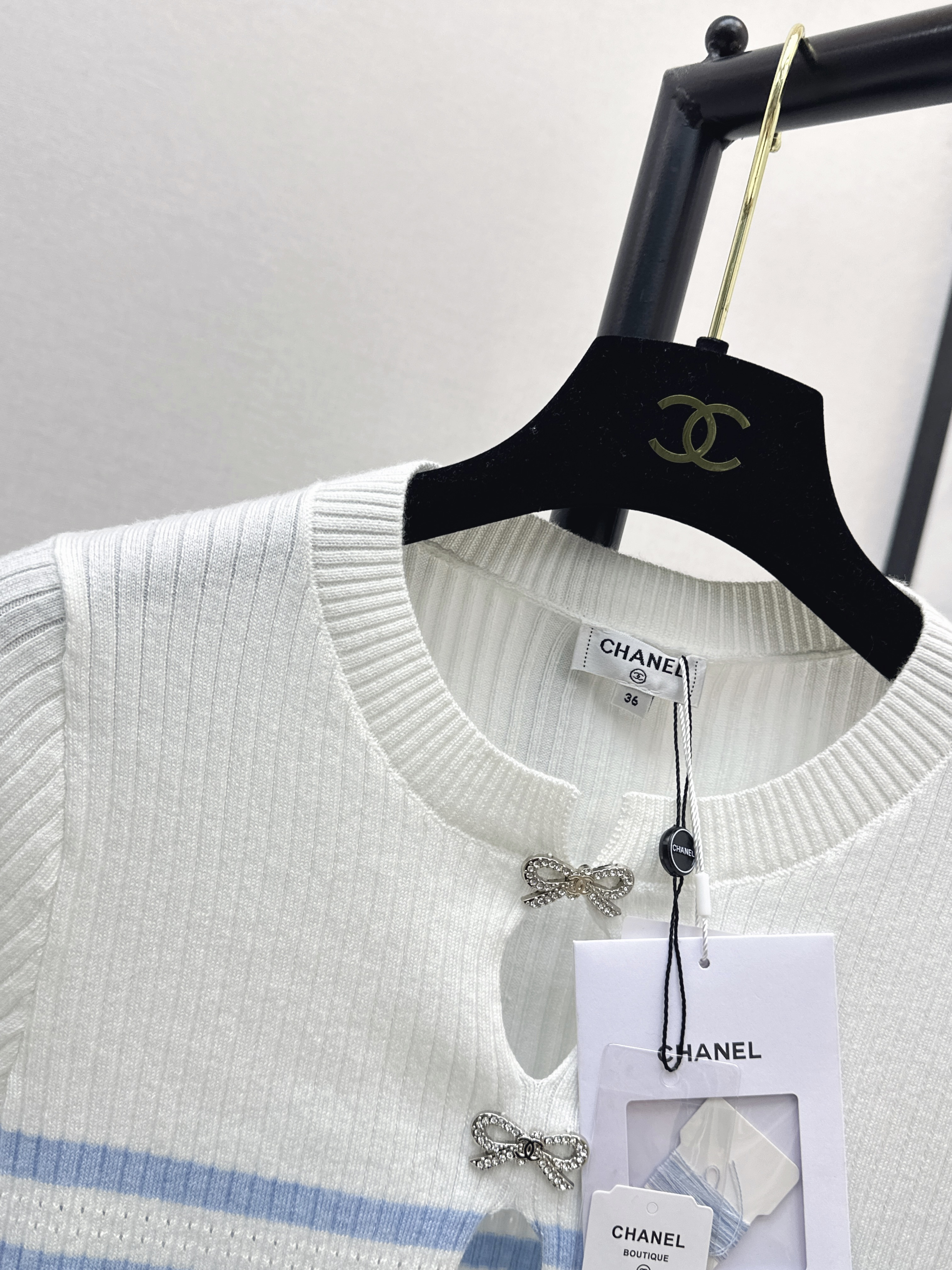 Chan 26SS White and Blue Striped Knit Top