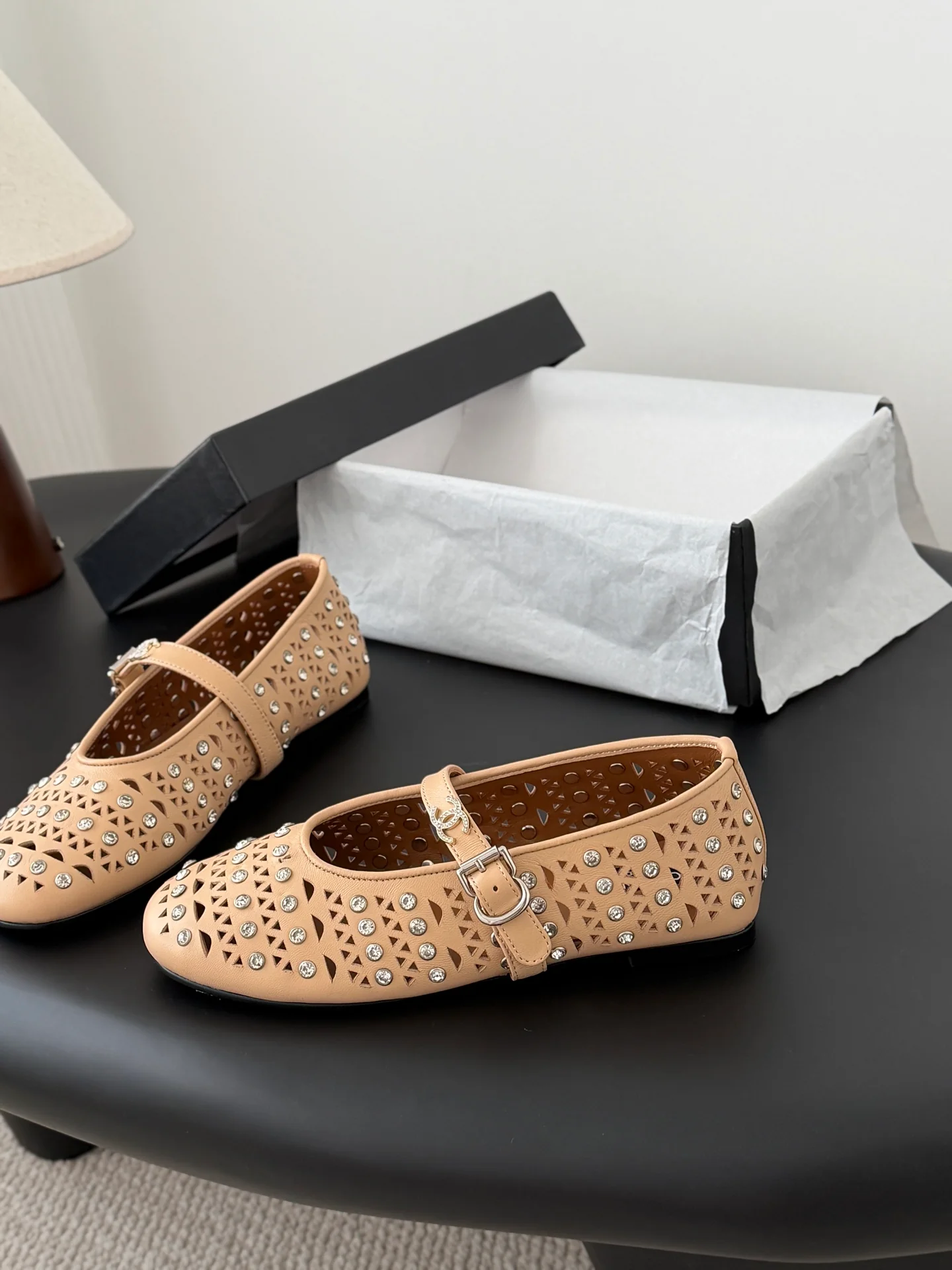 Chan 26ss mary jane hollow rhinestone shoes