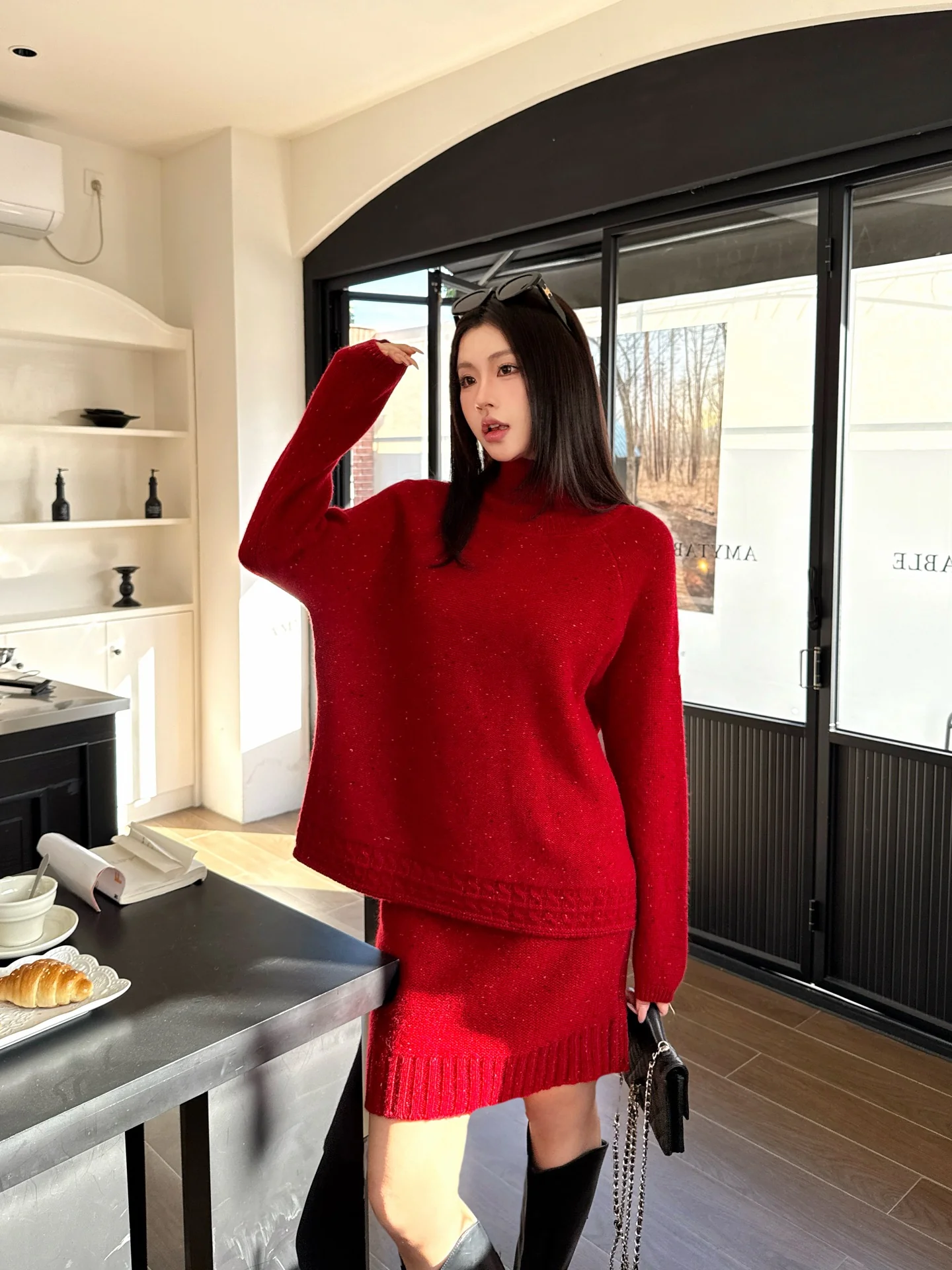 Brun 26ss knit high neck sweater+skirt outfit set