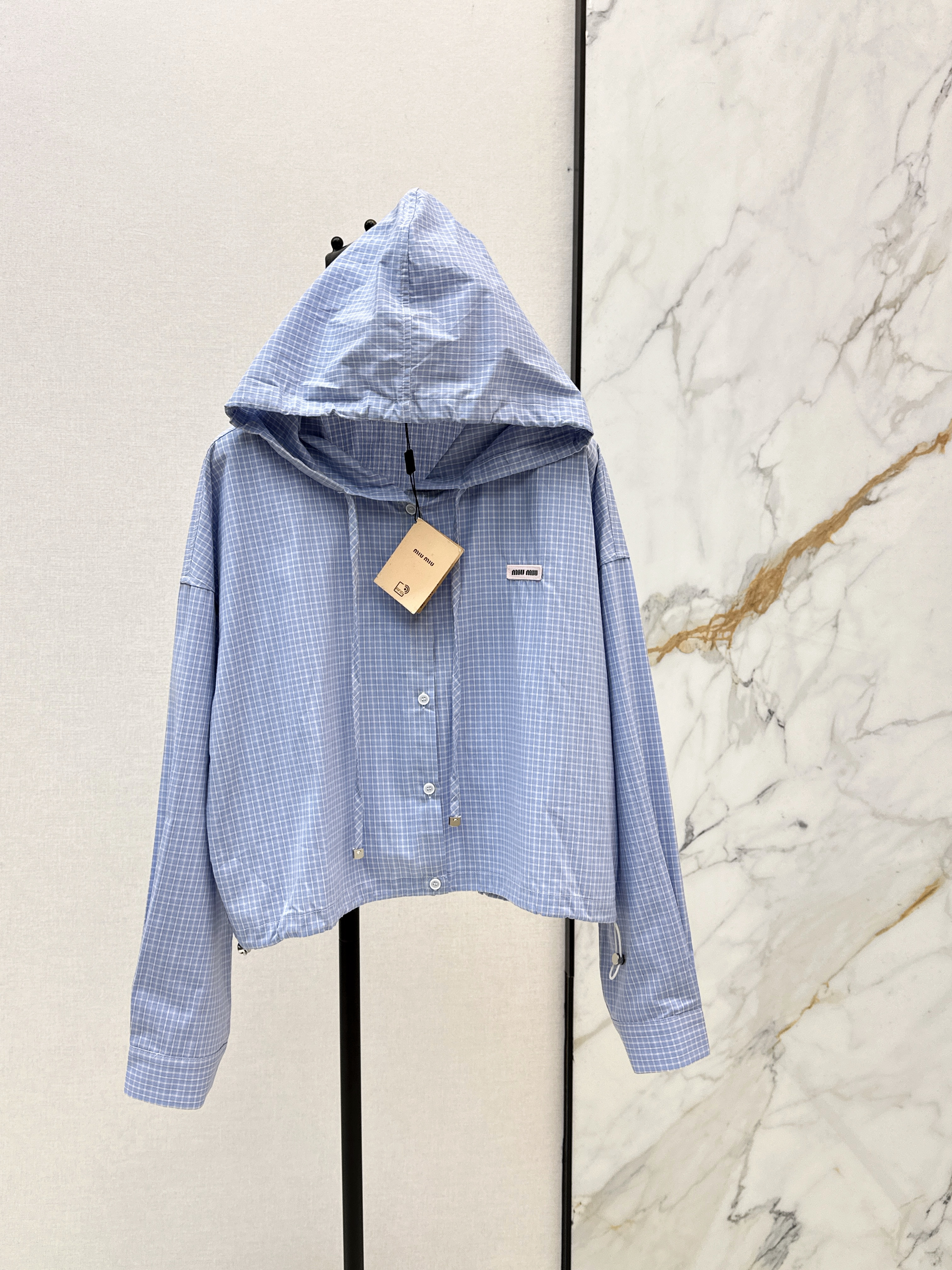 Miu 26ss check hodded jacket