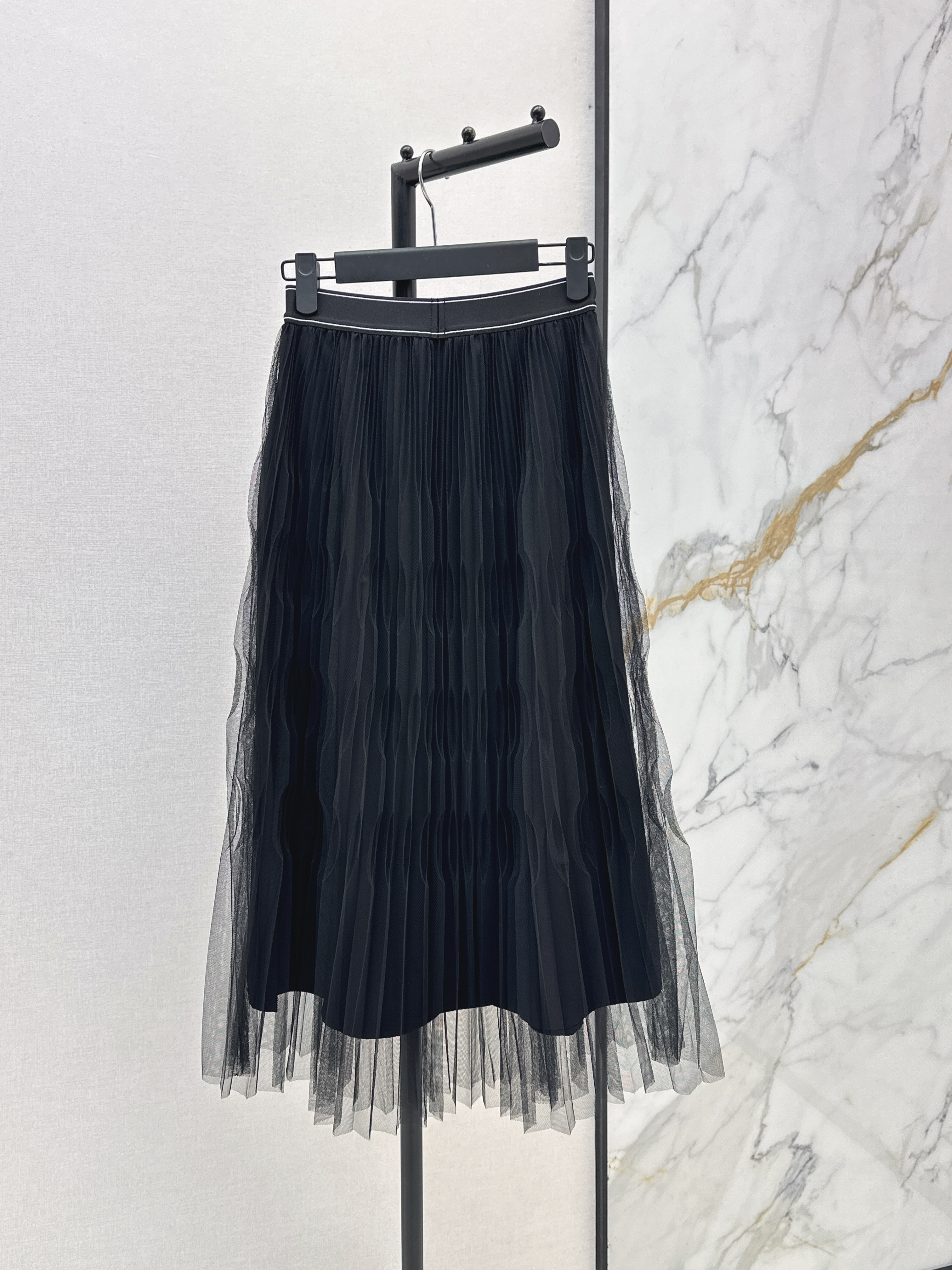 Pra 26SS Pleated Tulle Midi Skirt