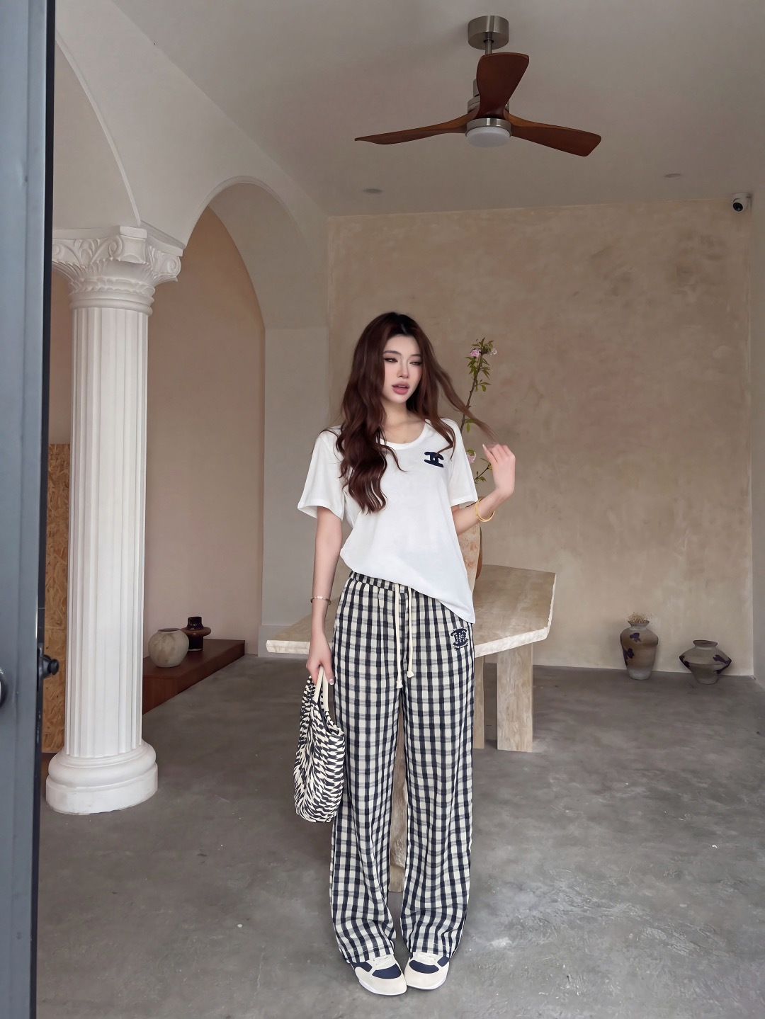Chan 26ss check wide-leg pants