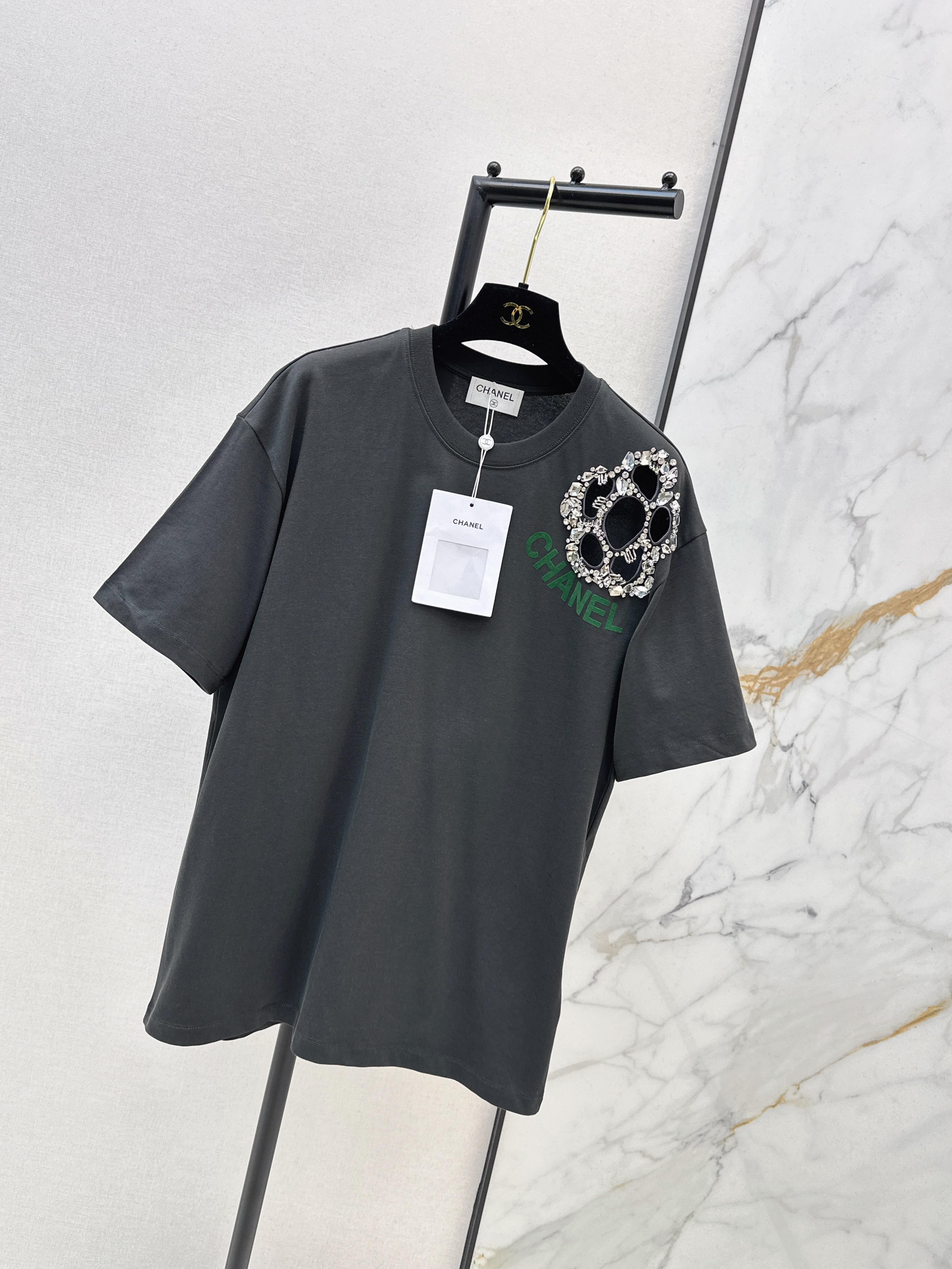 Chan 26ss flower rhinestone t-shirts