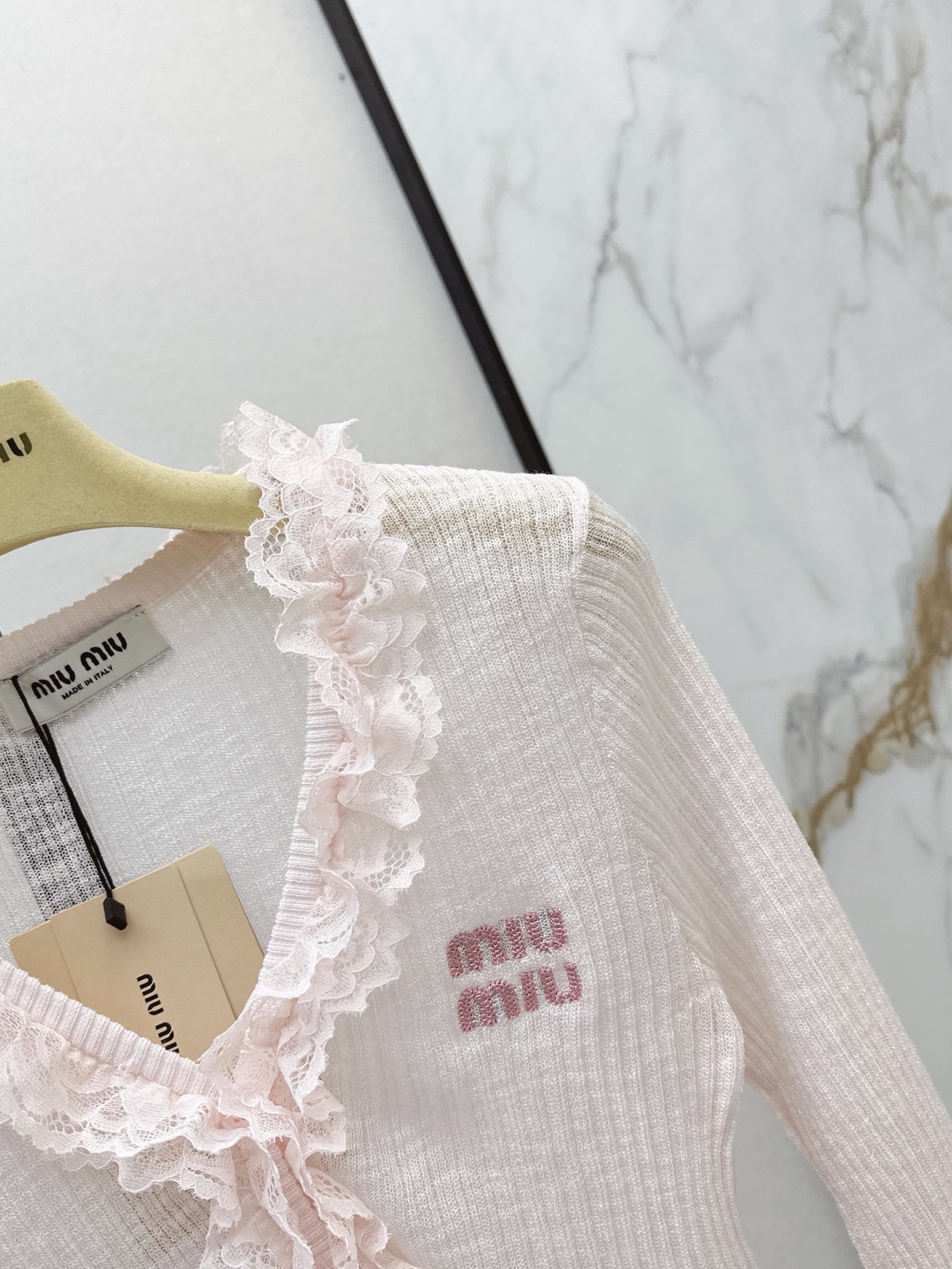 Miu 26ss lace trim knit cardigan