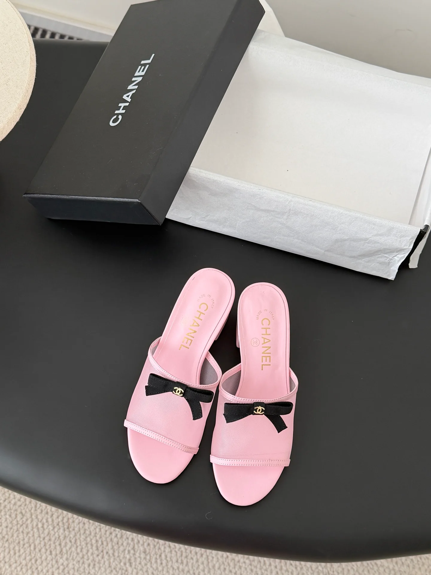 Chan 26ss bow mesh chunky heels slides