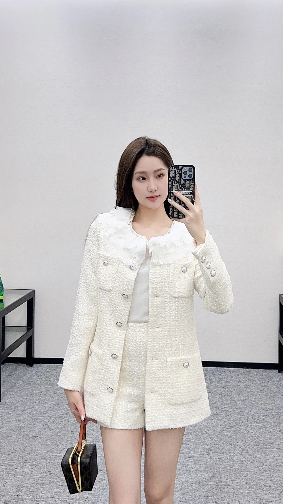 Chan 26ss ruffled lace woven jacket short set