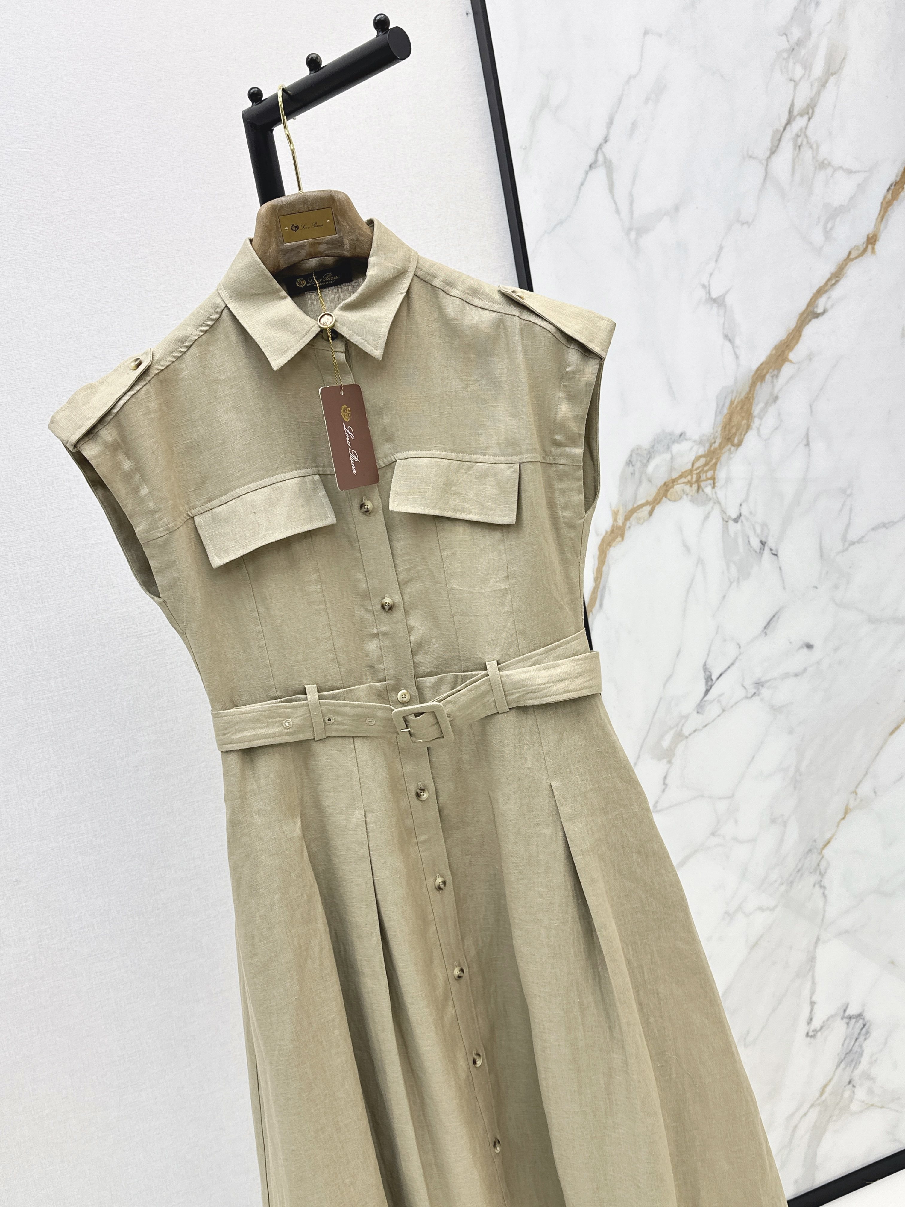 Khaki Sleeveless Belted Shirt Dress