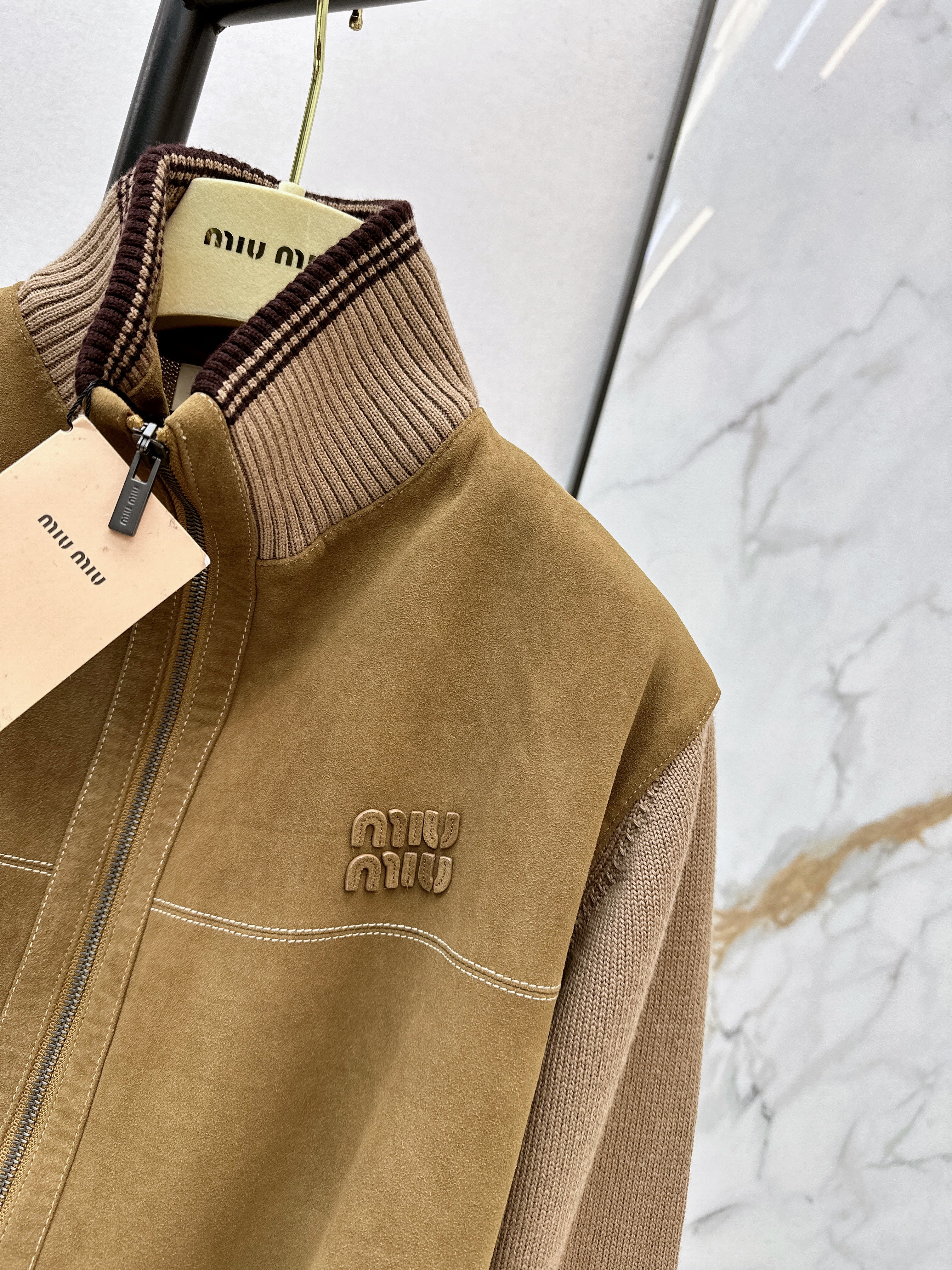 Miu 26ss wool contact sheepskin zipper cardigan